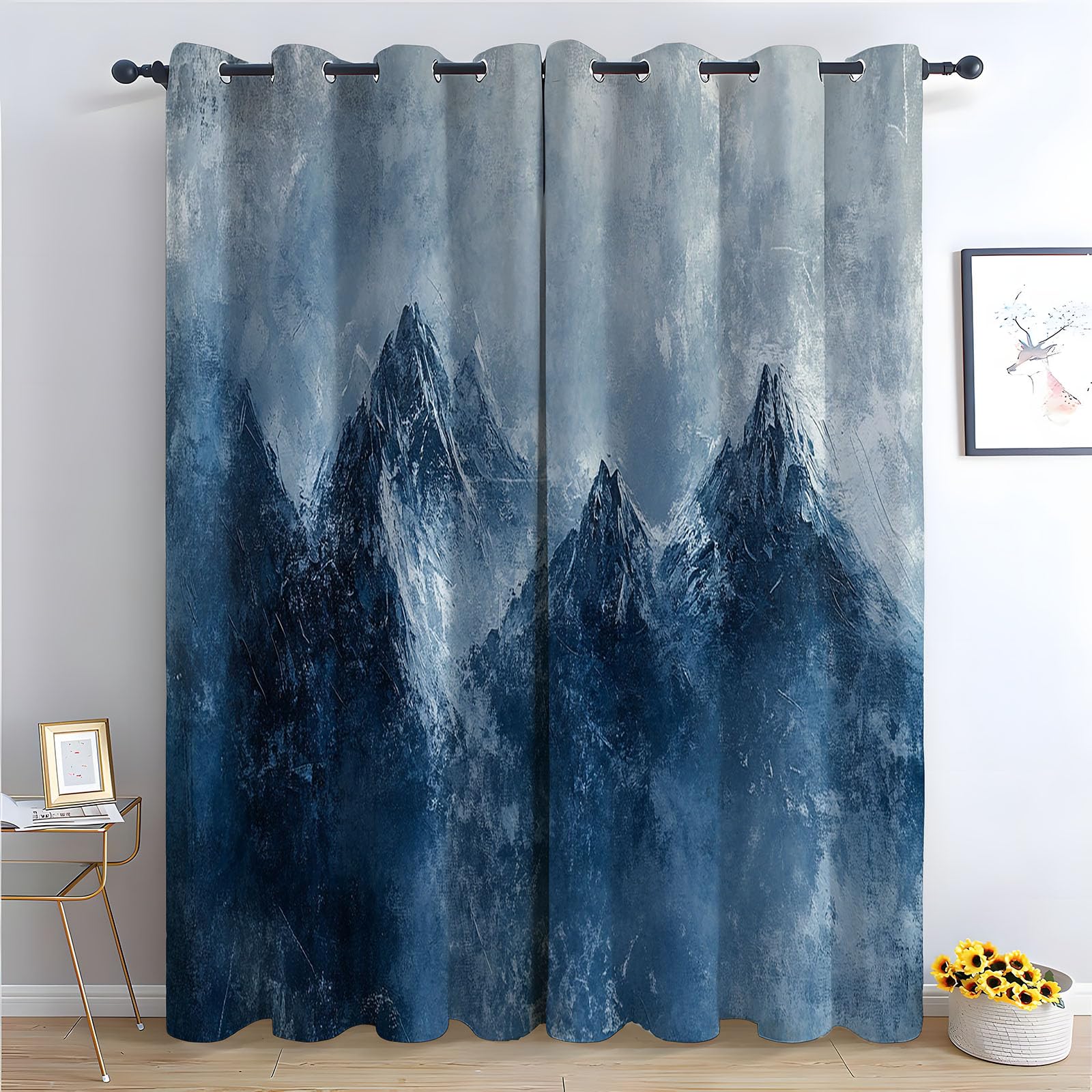 WQBQKKX Abstract Line Blackout Curtains for Living Room Bedroom Mountain Farmhouse Flower Print Decorative Grommet Window Drapes Blackout Curtains for Bedroom-52 W x 108" L (Pack of 2)
