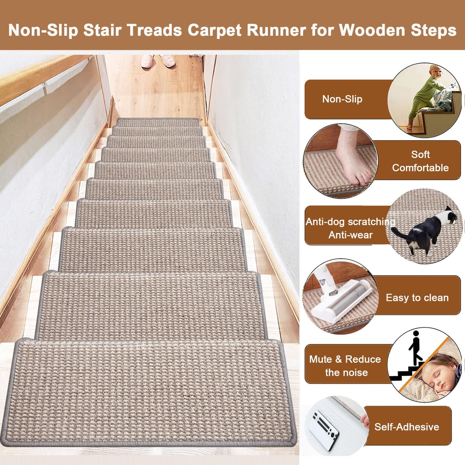 Tappeto antiscivolo per scale con copertura in legno, protezione di sicurezza per gradini, antiscivolo, per casa, facile da installare, design elegante