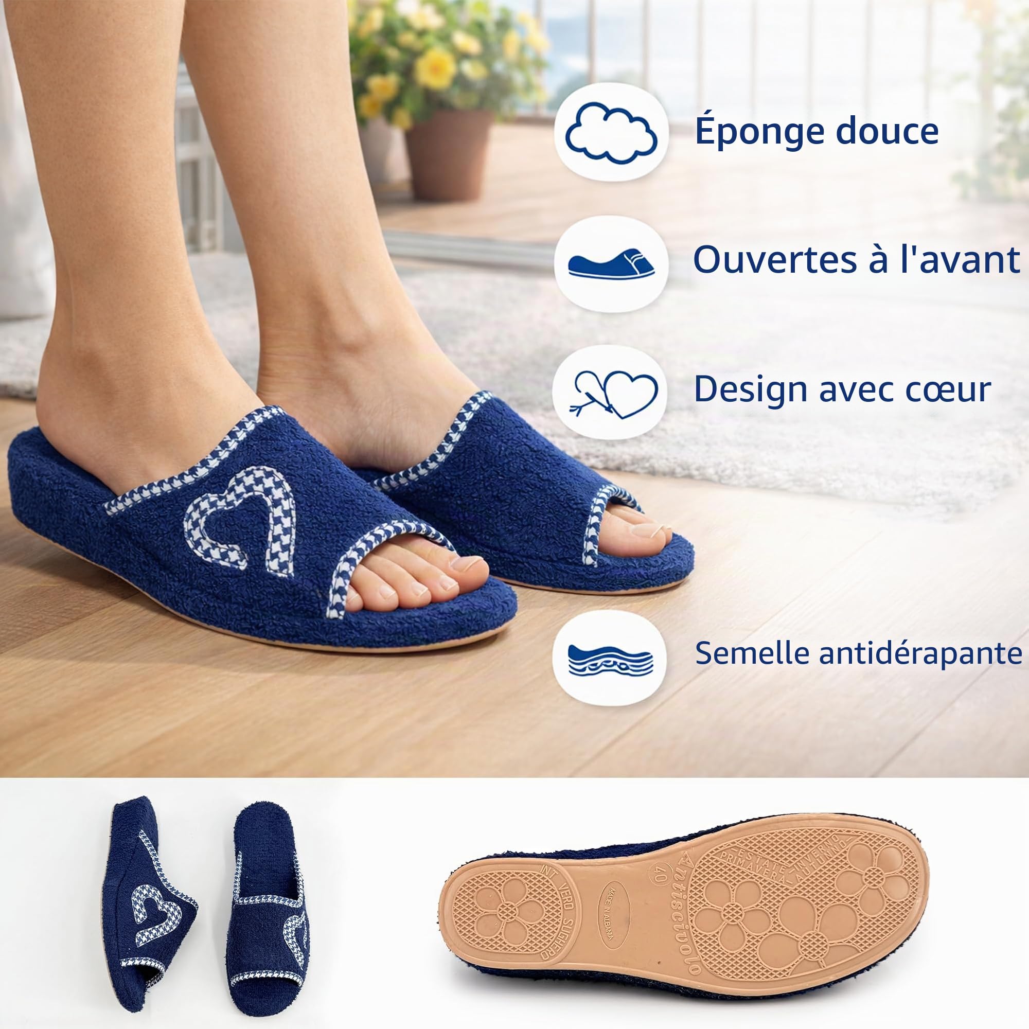 JOMIX Chaussons Éponge Ouverte Femme Maison Été Talon Compensé Semelle Liège Confortables avec Cœurs pour Dame Souple Légères