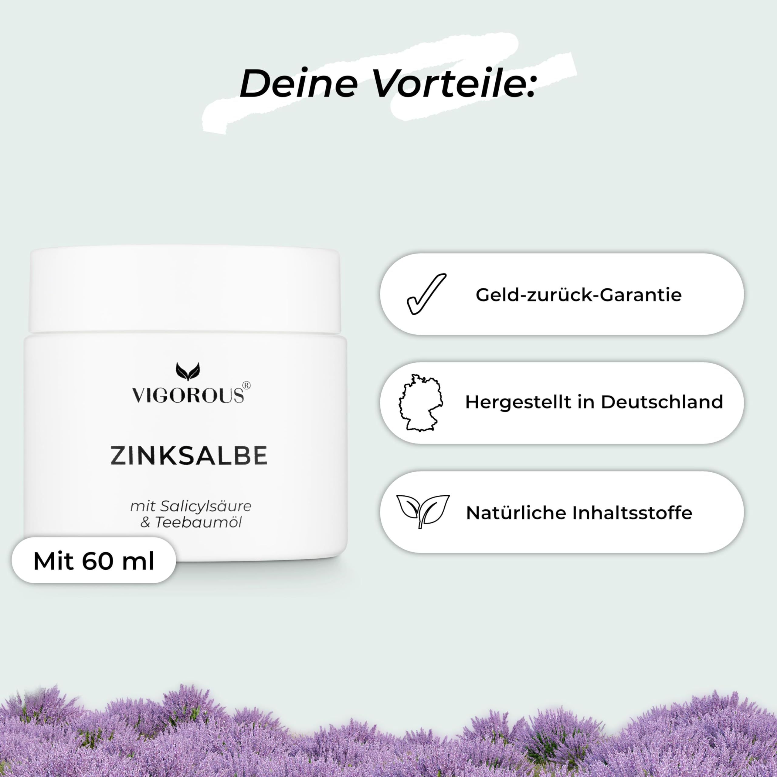 VIGOROUS® Zinksalbe gegen Pickel 60ml - Anti Pickel Creme auch für Pickel am Po und Rücken -mit Teebaumöl & Salicylsäure - SOS Zink Salbe gegen Mitesser und unreine Haut - Zugsalbe Pickel - Akne creme