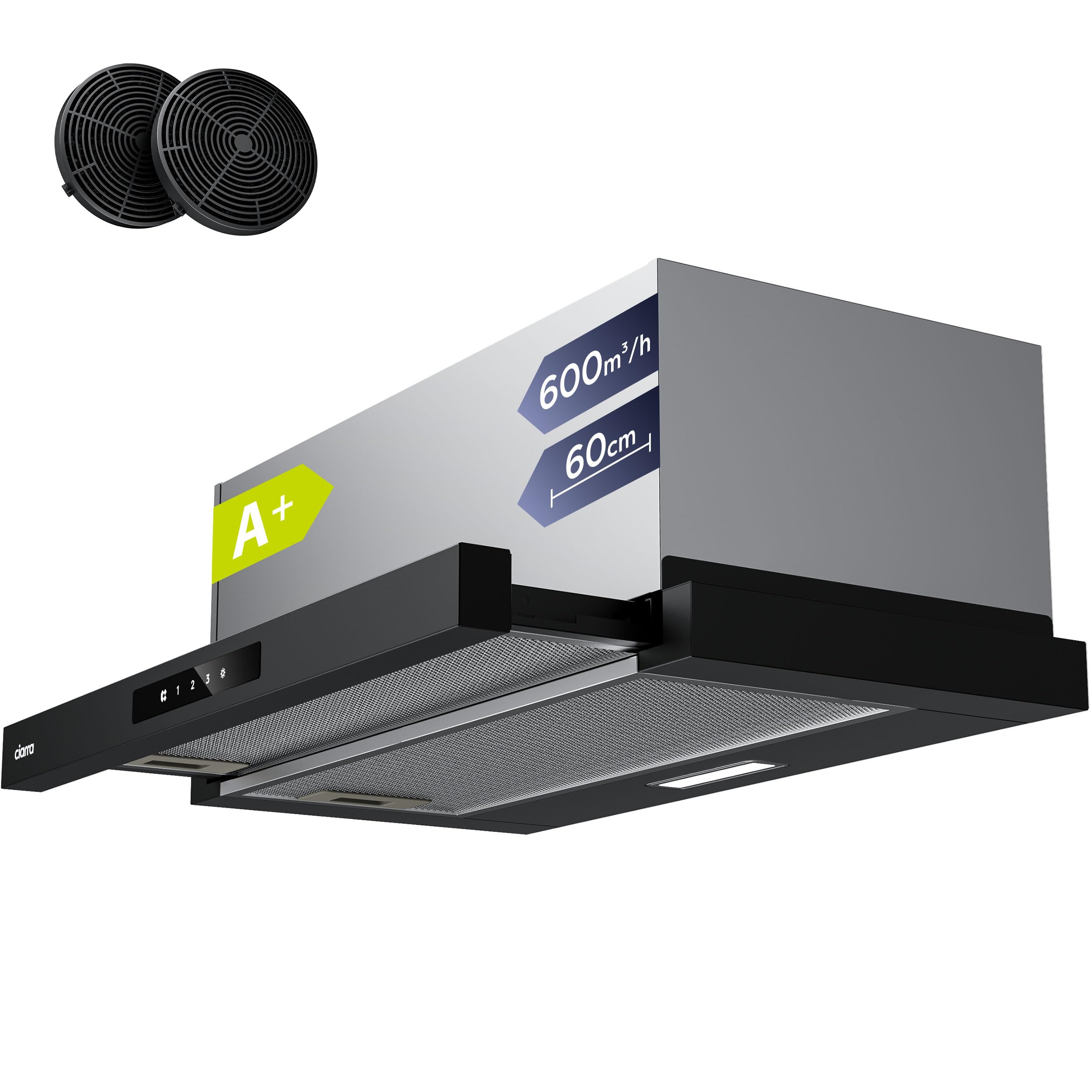CIARRA CBCB6909A Telescopic Cooker Hood 60cm 600m³/h Ducted&Recirculation Built-in Extractor Hood 600mm with LED Light 3 Speeds Integrated Kitchen Extractor Fan — view 10