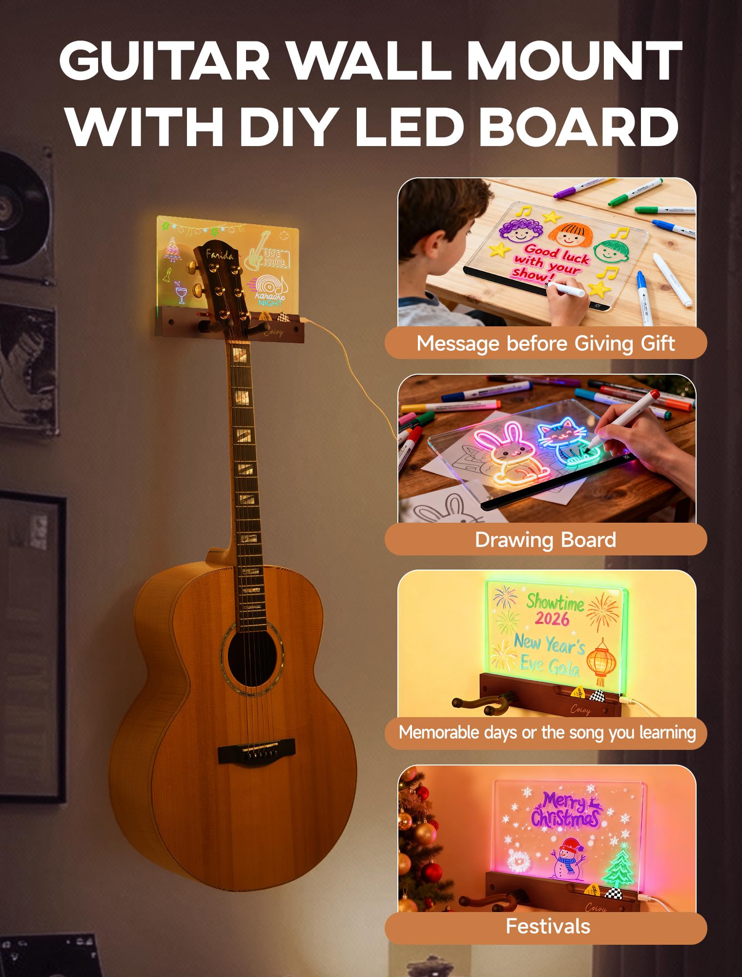 Gitarren-Wandhalterung mit RGB-LED-Zeichenbrett, beschreibbar mit 7-farbigen Markern, Buchenholz und drehbarem Eisenhaken für Akustik-/E-Gitarre/Bass-Display, ideales Geschenk für Musiker, mit USB