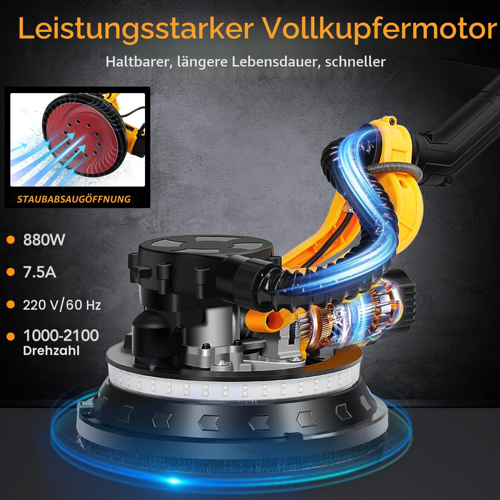 Trockenbauschleifer (880W), Schleifer mit doppelter LED-Beleuchtung, 5 variable Geschwindigkeiten, 1000-2100 U/min elektrischer Trockenbauschleifer mit 12 Schleifscheiben und Staubabsaugbeutel