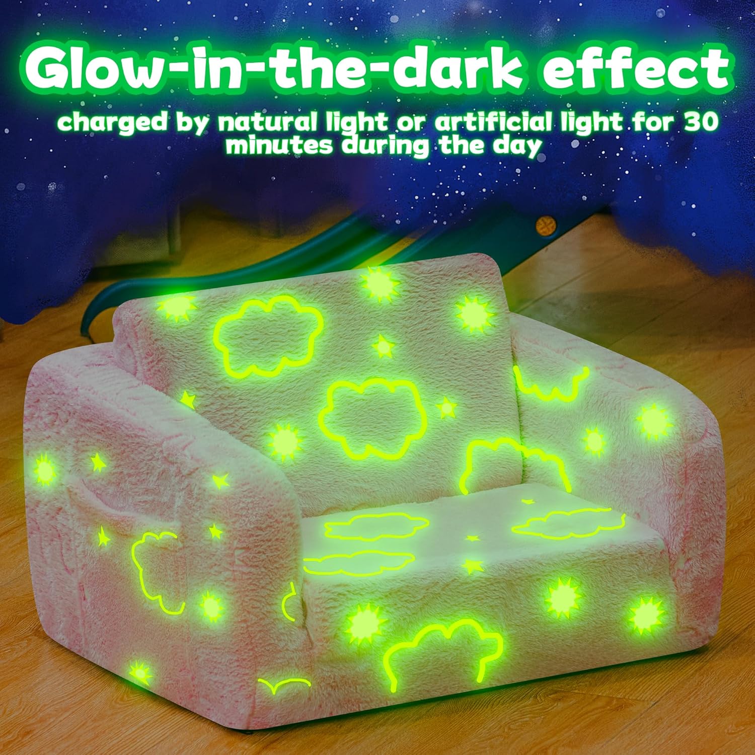 Lamerge 2-in-1 Soft Toddler Couch Fold Out,Foldable Toddler Chair, Glow in The Dark Kids Sofa for playroom,Convertible Foam and Floor Cushion for Boys and Girls (Pink and Clouds) - Image 9