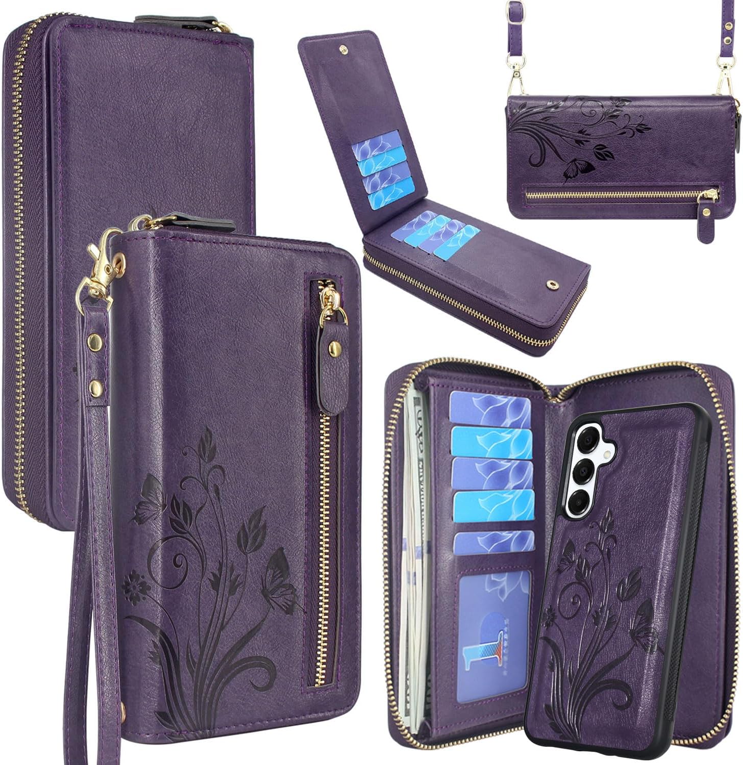 Lacass for Samsung Galaxy A16 5G Wallet Case,Crossbody Dual Zipper Detachable Magnetic Leather Wallet Case Cover Wristlets Wrist Strap 13 Card Slots Money Pocket(Floral Dark Purple)