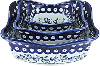 Blue Rose Polish Pottery - Blue Sweet Annie 3 Piece Square Scallop Bowl Set - 3 Serving Bowls - Beautiful Serving Bowl for Special Occasions, Dinner Parties, Or Everyday Dining