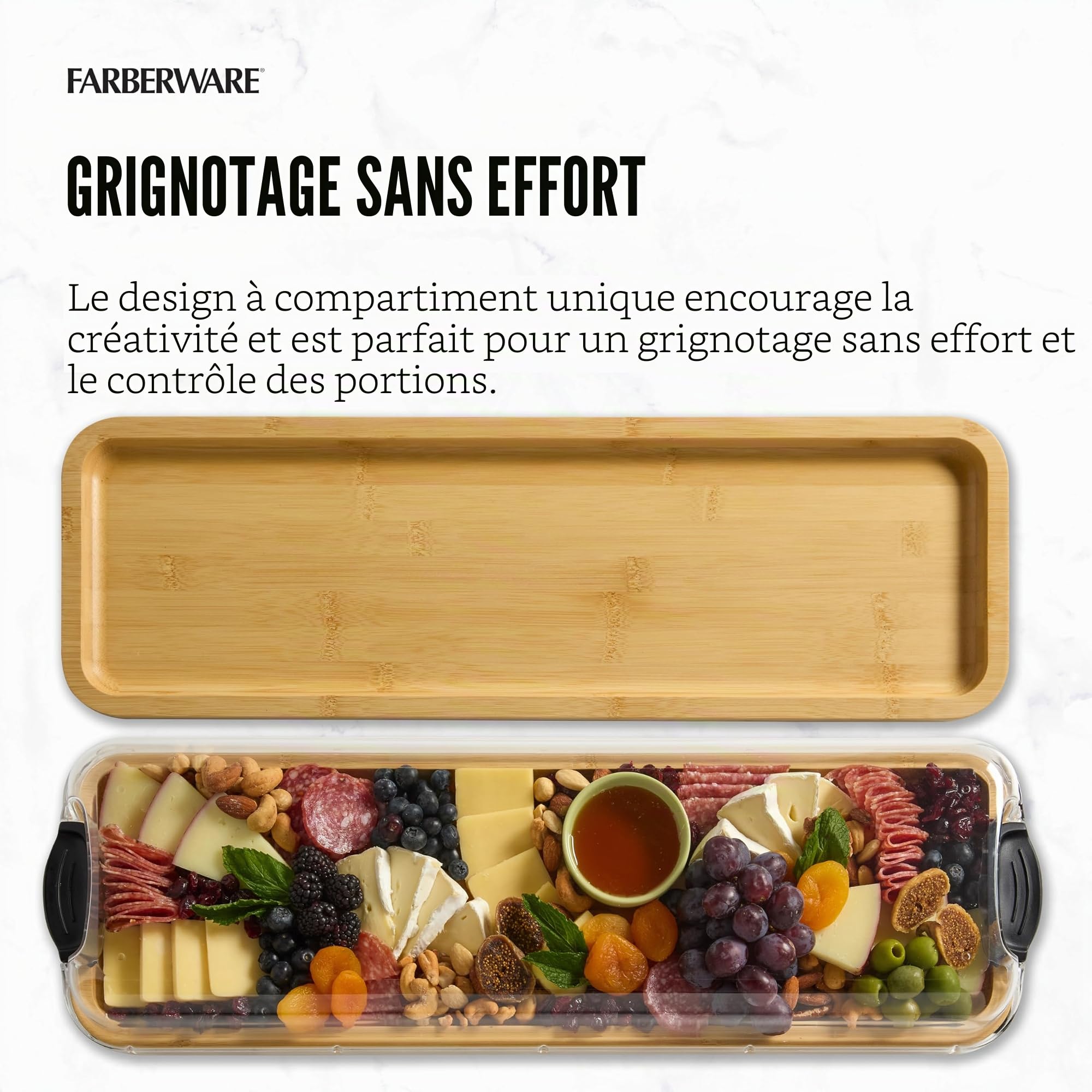 Farberware Planche à Découper Rectangulaire Build-a-Board avec un Compartiment et un Couvercle Transparent qui se Ferme pour la Charcuterie, les Snacks et Plus, Bambou, 17x56cm