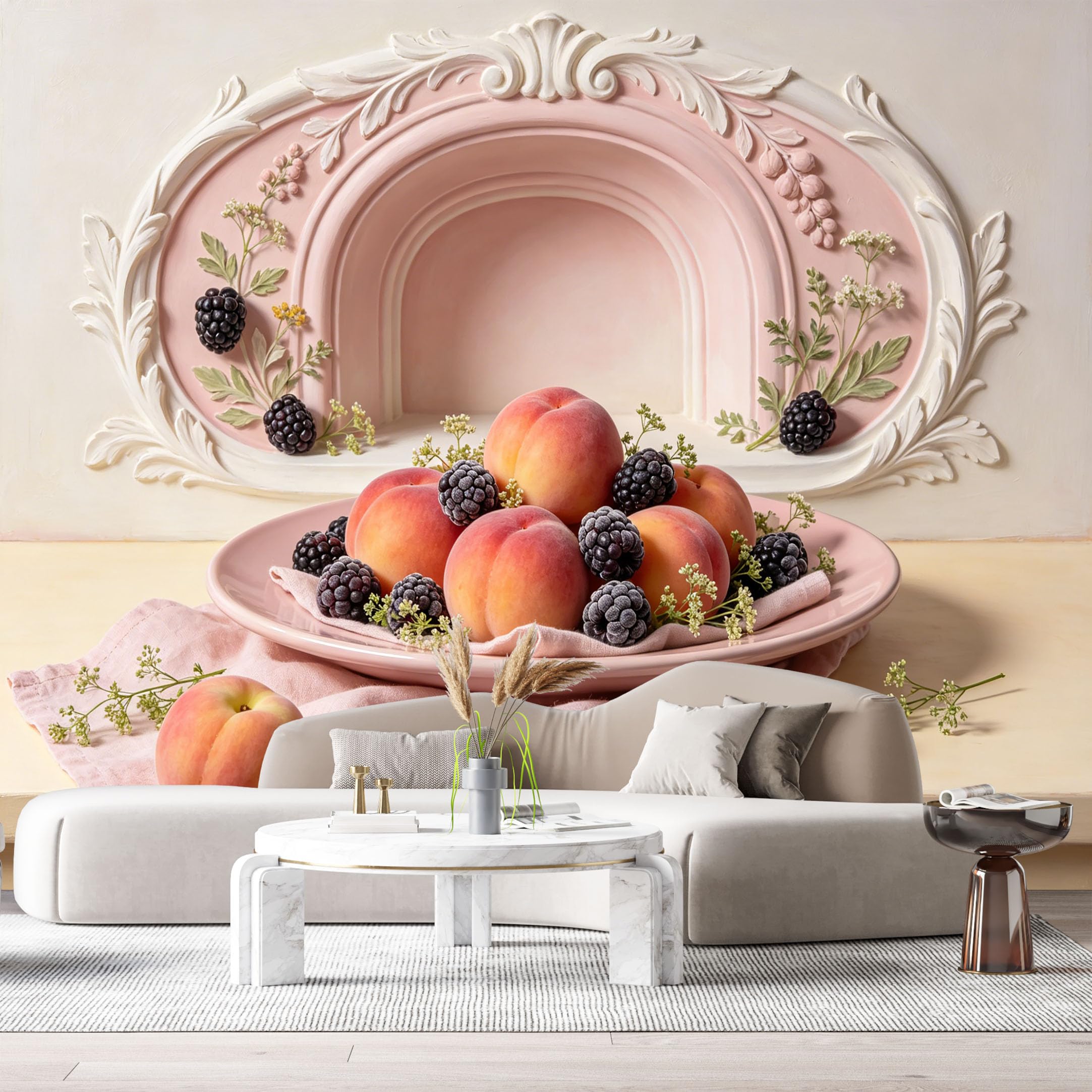 Custom Size Wall Murals Peach BlackBerry Fruit Still Life Oil Painting 3D Trompe L'Oeil SelfAdhesiveWall Fabric Removable Wallpaper Wall Decor for Living Room Bedroom Bathroom