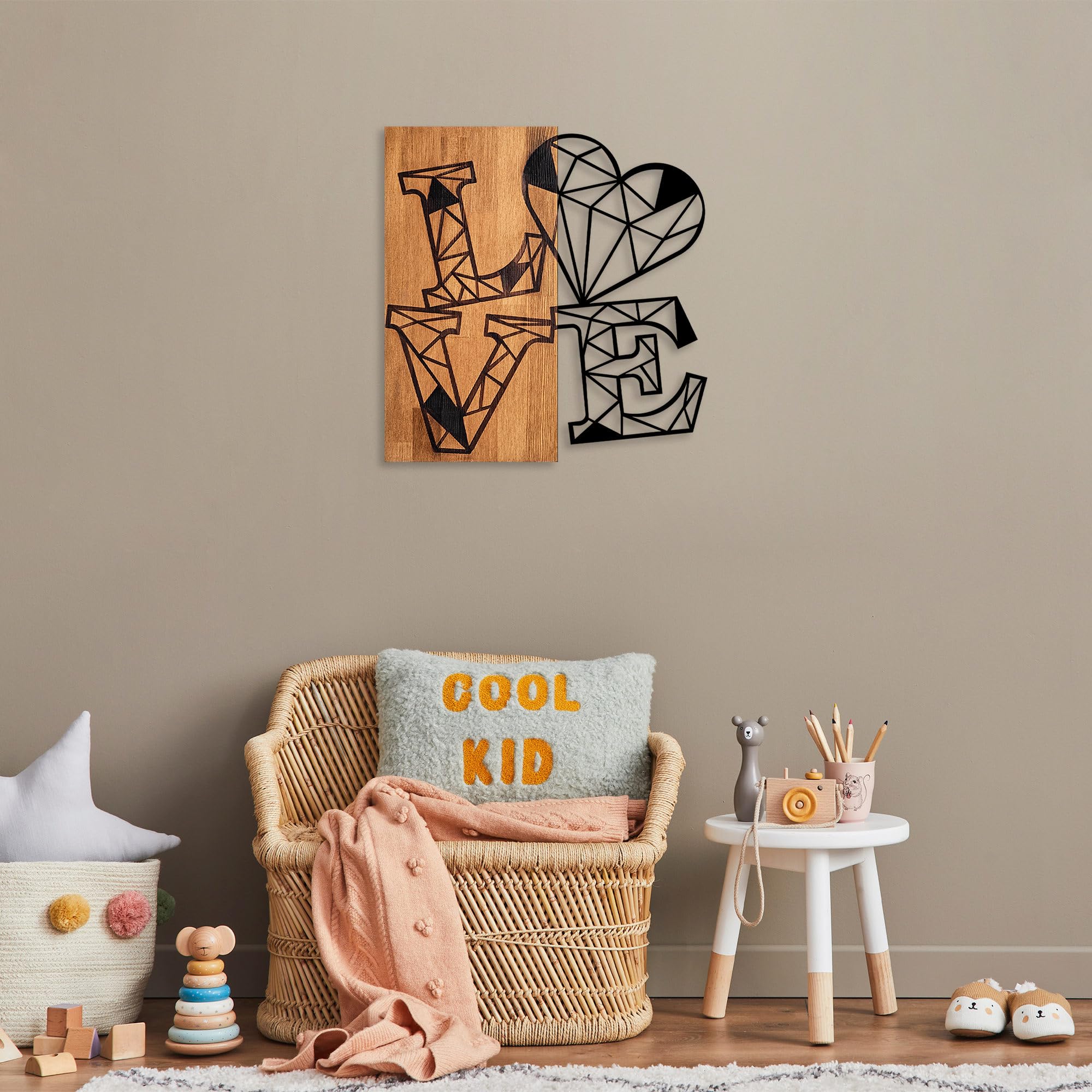 Elegant Decorative Wooden Wall Accessory, Walnut & Black, 56 x 58 cm, 50% Wood (3 cm Thick) and 50% Metal, Unique Design with Natural Variations