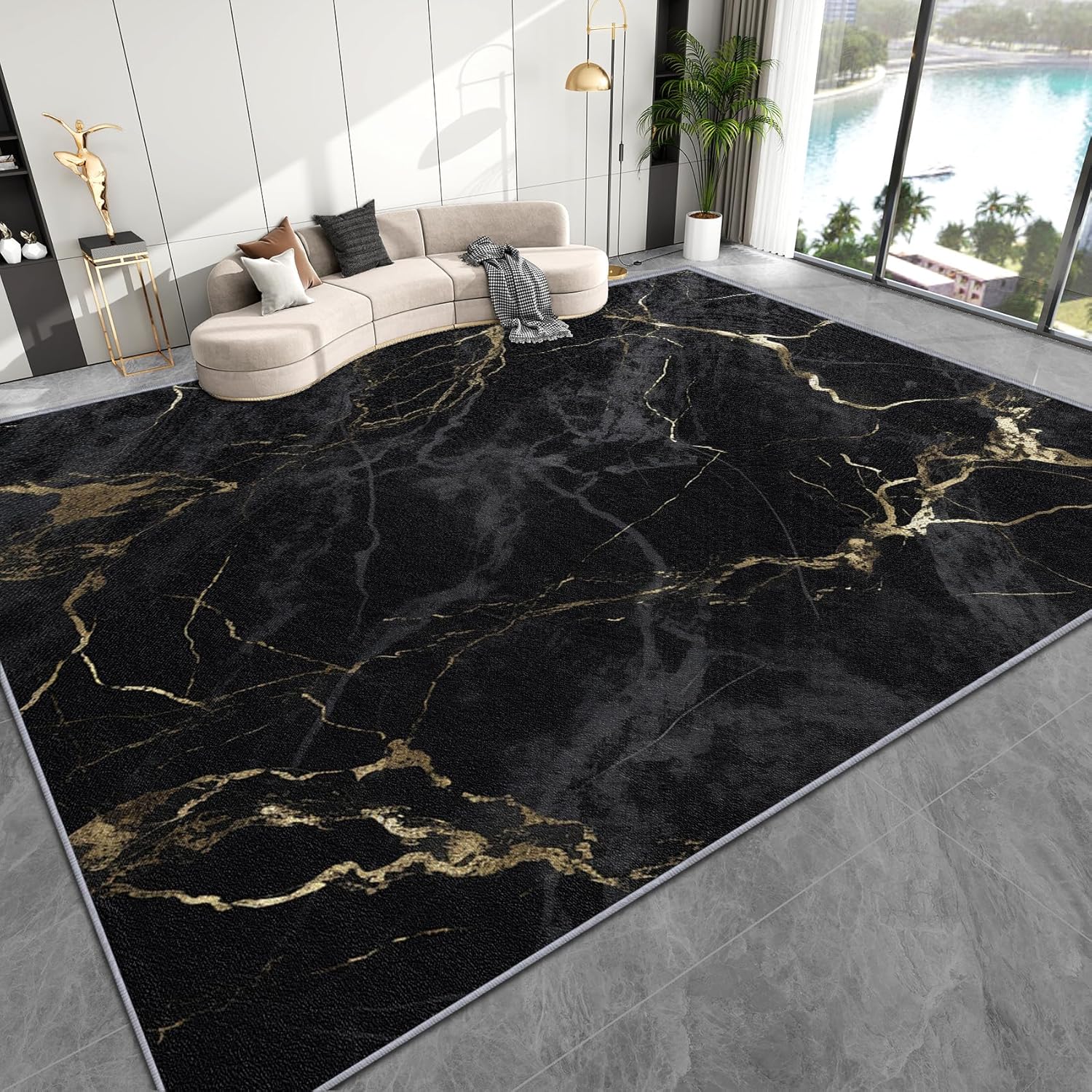 Marble Rug 8x10 - Black and Gold Area Rugs for Living Room Bedroom - Modern Carpet - Washable Non Slip Stain Resistant - Abstract Home Decor & Gifts