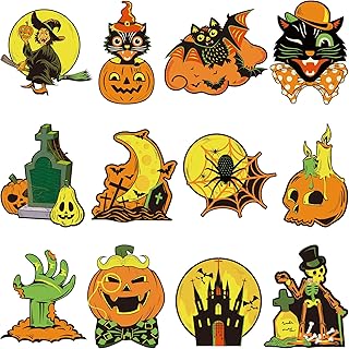 12 Pieces Vintage Halloween Decorationsï¼ŒHalloween Cutouts Classic Artwork Cutouts Pumpkin Witch Owl Cutouts Old Style Wall Art Cutout Halloween Posters for Halloween Window Wall Home Decor Supplies