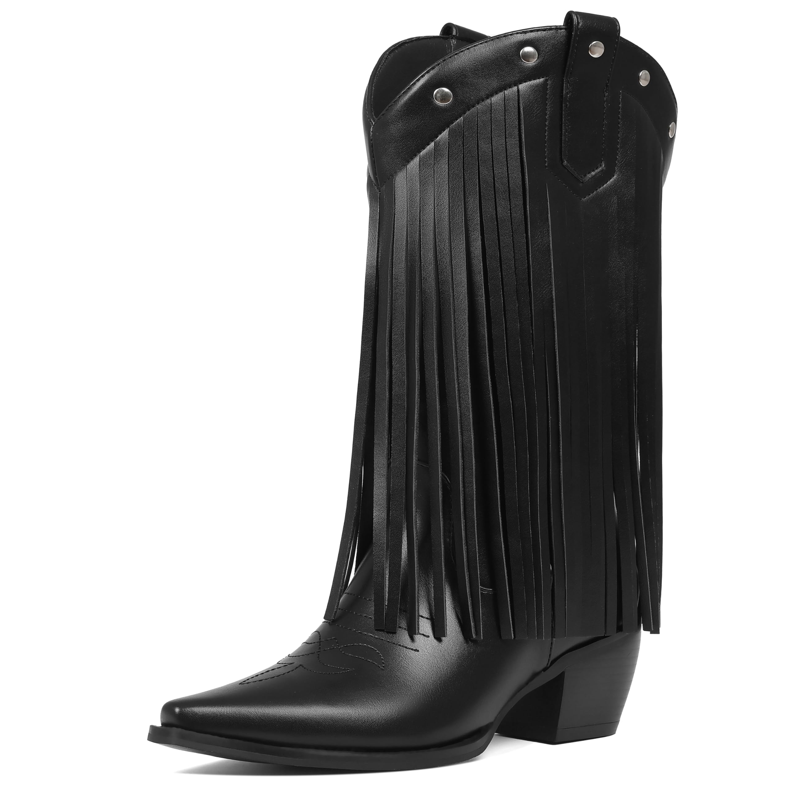 Womens Fringe Cowboy Boots Mid-Calf Ridding Cowgirl Boots Pull On Western Boots Fashion Style