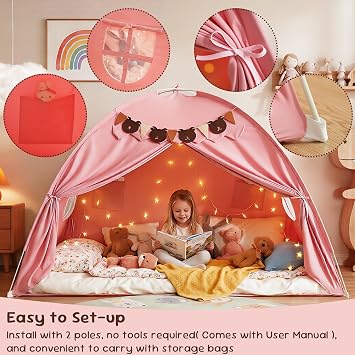 Full Size Bed Tent for Kids, Girls Bed Tent Canopy Dream Playhouse Breathable Sleeping Tent Privacy Space Pink Tent with Stars Light & Flags, Toddler Indoor Floor Play Tent, Birthday Children's Gift