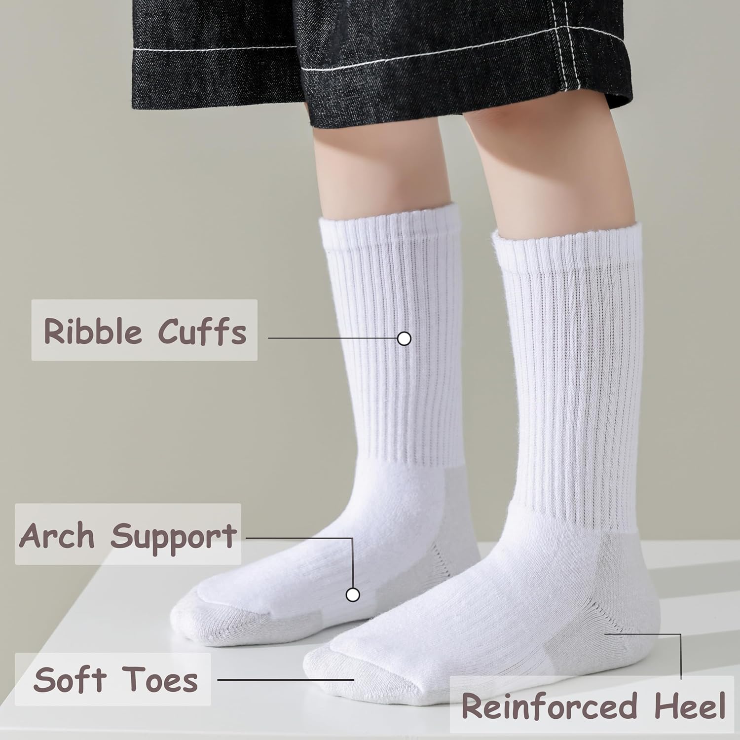 Marchare Boys Socks Kids Cushioned Crew Socks Girls Thick Cotton Athletic Running Socks Black/White 6 Pack