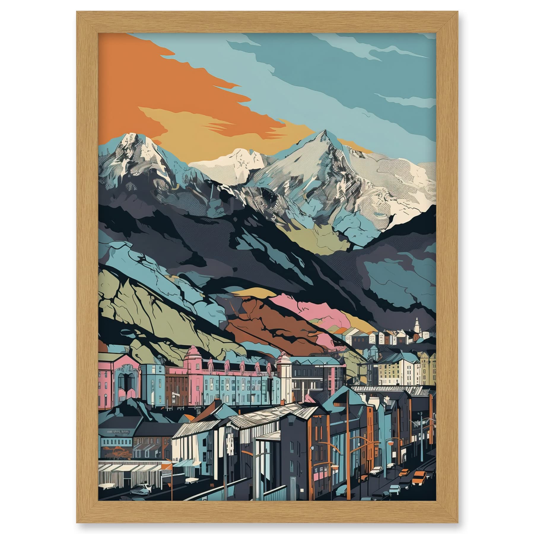 Artery8 Cityscape Under Rocky Mountain Range Modern Artwork Framed A3 Wall Art Print