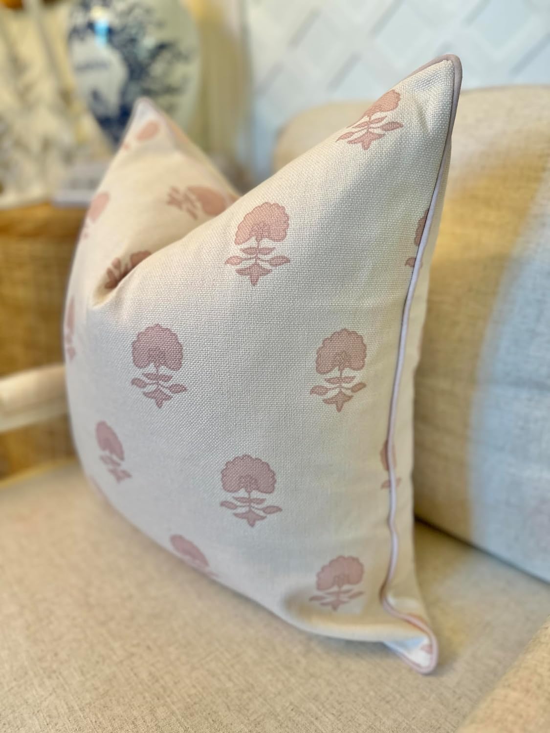 “The Lauderdale” Floral Block Print Pillow Cover – Blush Pink and Off-White Decorative Throw Pillow Cover – Grandmillennial Home Decor, 20" x 20"