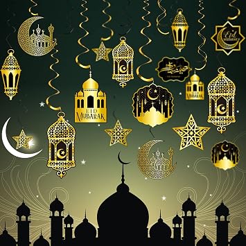 Gersoniel 36 Pieces Ramadan Decorations Eid Mubarak Ceiling Foil Swirls Muslim Decor Islamic Ceiling Hanging Decor Foil Danglers Streamers Party Supplies Ramadan Decorations for Home