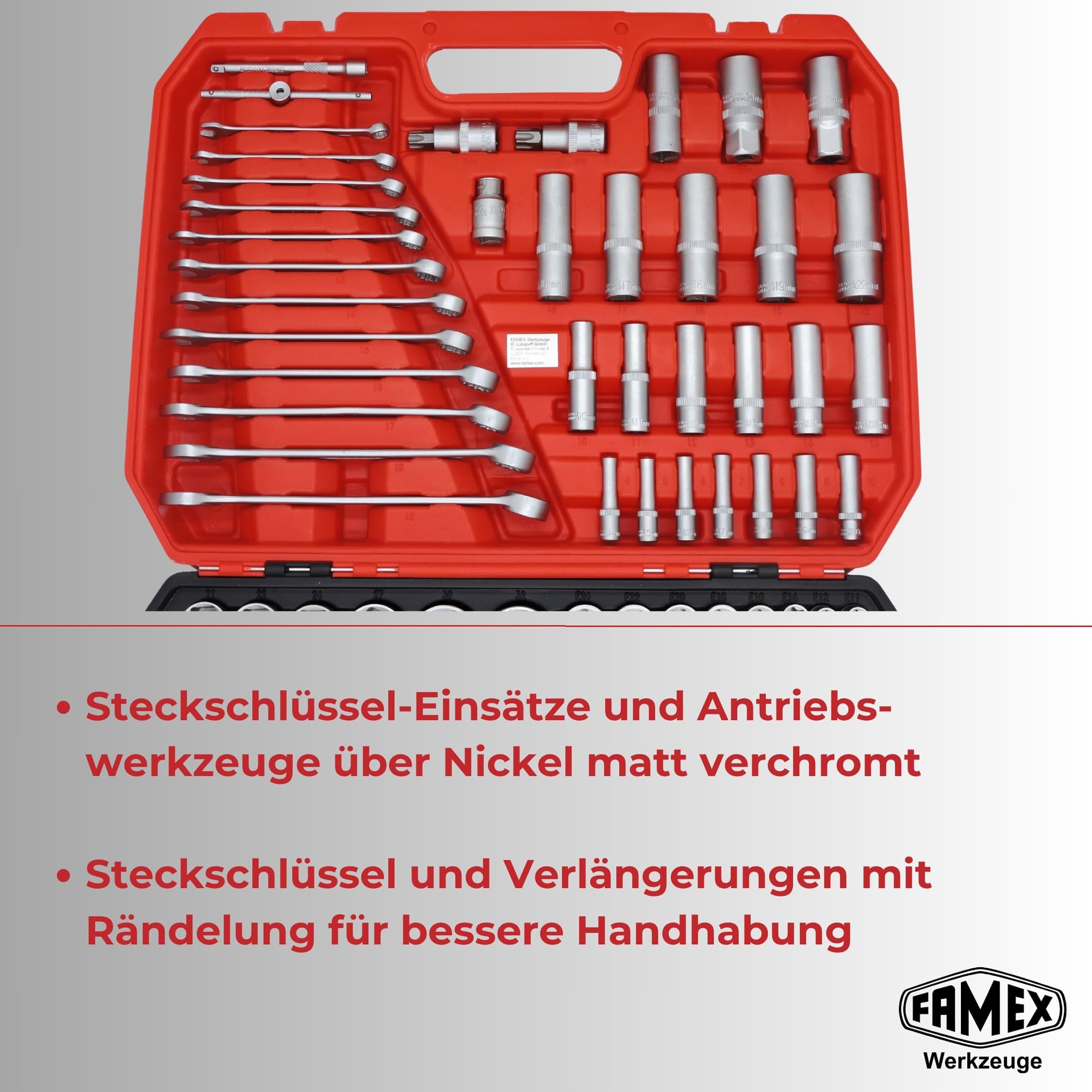 FAMEX 555-50 Steckschlüsselsatz 219-tlg. - 1/4 Zoll, 3/8 Zoll, 1/2 Zoll - alle Werkzeuge CV-Stahl - Werkzeug Set mit 3 Feinzahnknarren - Ratschenkasten, Ring-Maulschlüssel DIN 3113, Stecknüsse, Bits