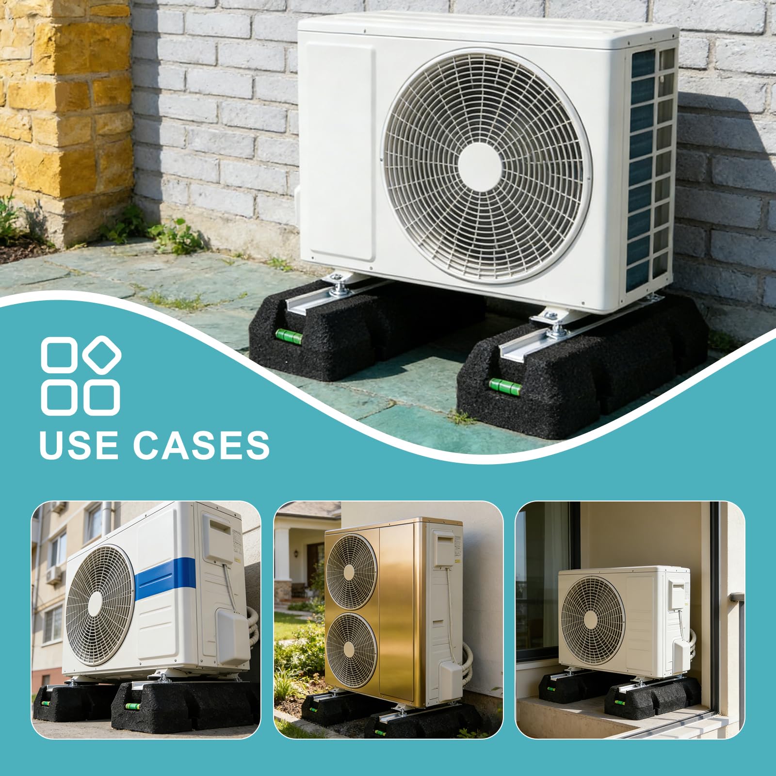 EXLECO 2 Base Ammortizzante per Pompa di Calore 400mm con Livella a Bolla, Piedini Antivibrazioni per Aria Condizionata, Antivibranti Gomma per Unità Esterna, Resistente ai Raggi UV, Portata 320KG
