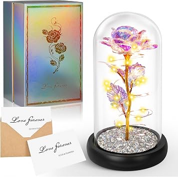 Motehrs Day Rose Gifts for Mum,Birthday Gifts for Women Motehrs Day Present,Crystal Light Up Rose in Glass Dome with Sparkling Base,Rainbow Flowers Rose Gifts for Her Mum Wife Anniversary Valentines
