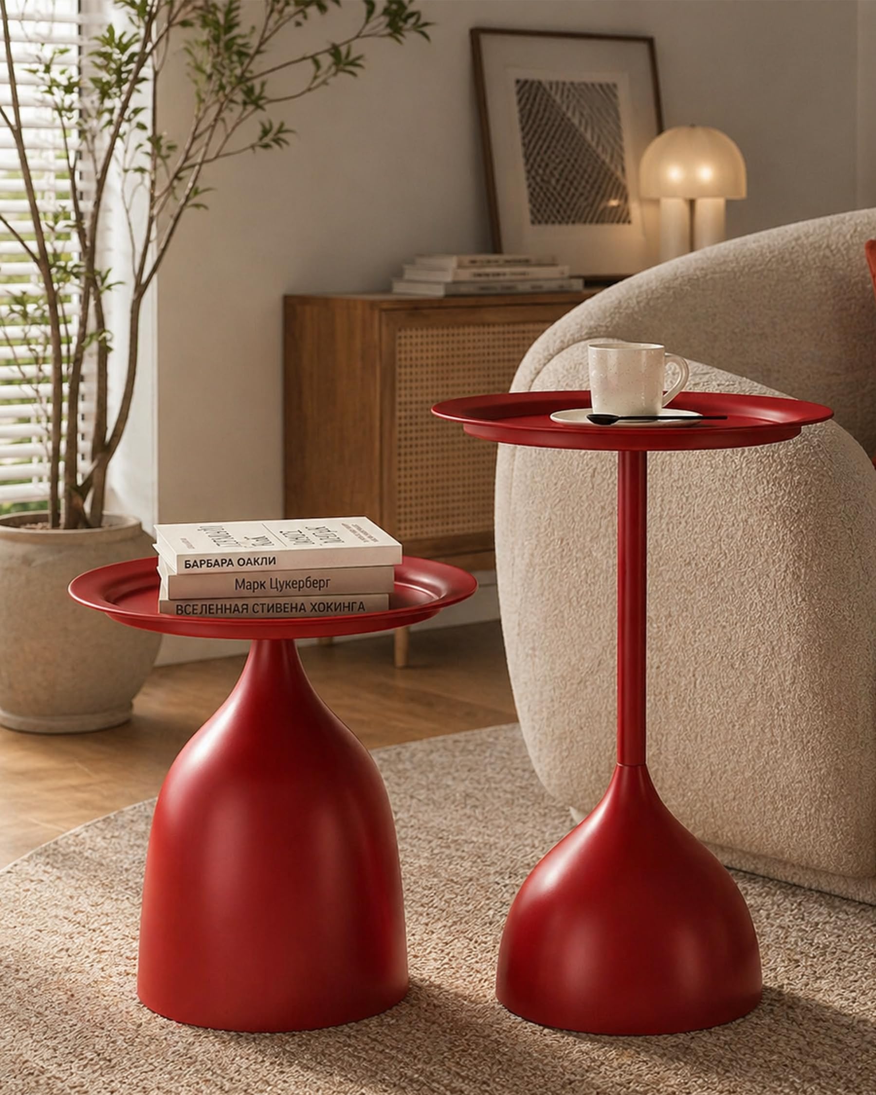 Juego de 2 Mesas Auxiliares de Salón en Metal Rojo, Mesita Redonda para Sofá o Sillón, Mesa de Centro de Diseño Moderno, Versátil para Interior y Exterior, Altura 42/60cm