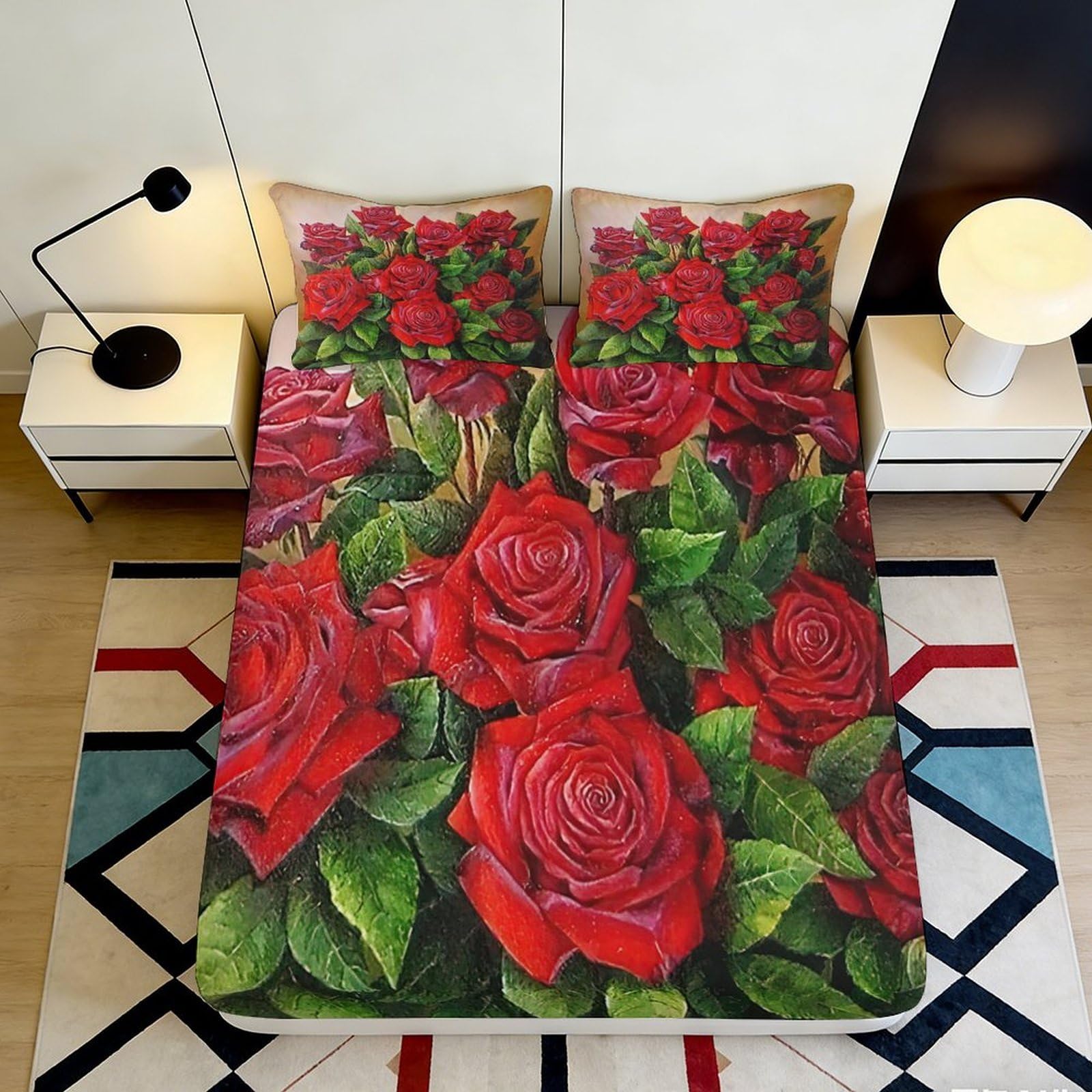 3D Printed Red Rose Bouquet Fitted Sheet Microfiber Anti-Slip Bed Cover for Bedroom Guestroom Decorative Mattress 90x200x25cm