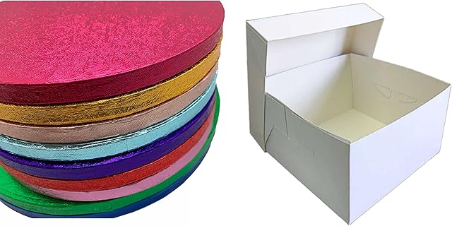 Colour Cake Drum Board & White Box + Lid Combo Pack for Wedding, Birthday Cakes (Rose Gold, 8 Inches)