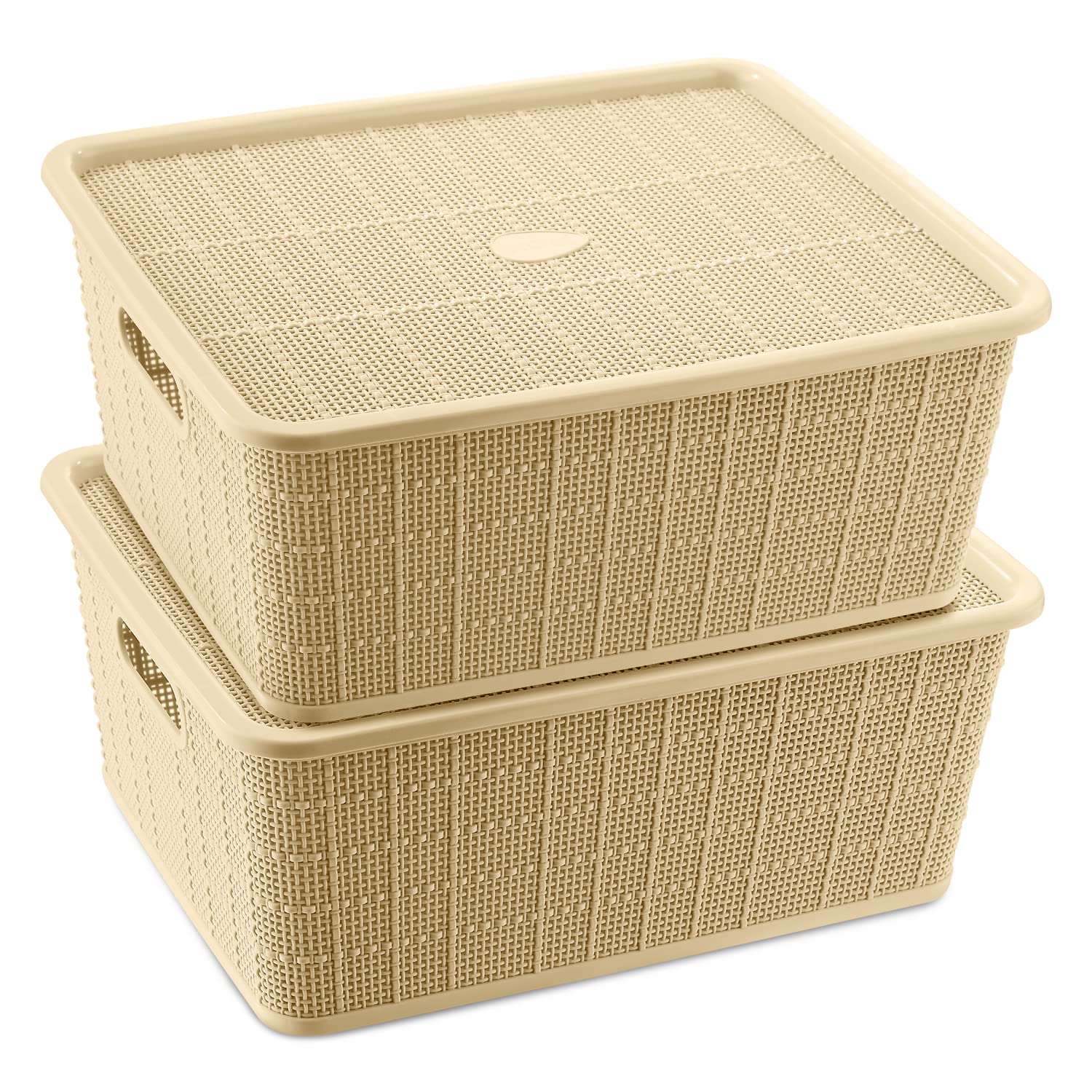 SELVEL Giving shape to life! Multipurpose Storage Baskets Set of 2 with Lid for Kitchen, Vegetables, Toys, Books, Office, Stationery, Utility, Cosmetics, (Beige)