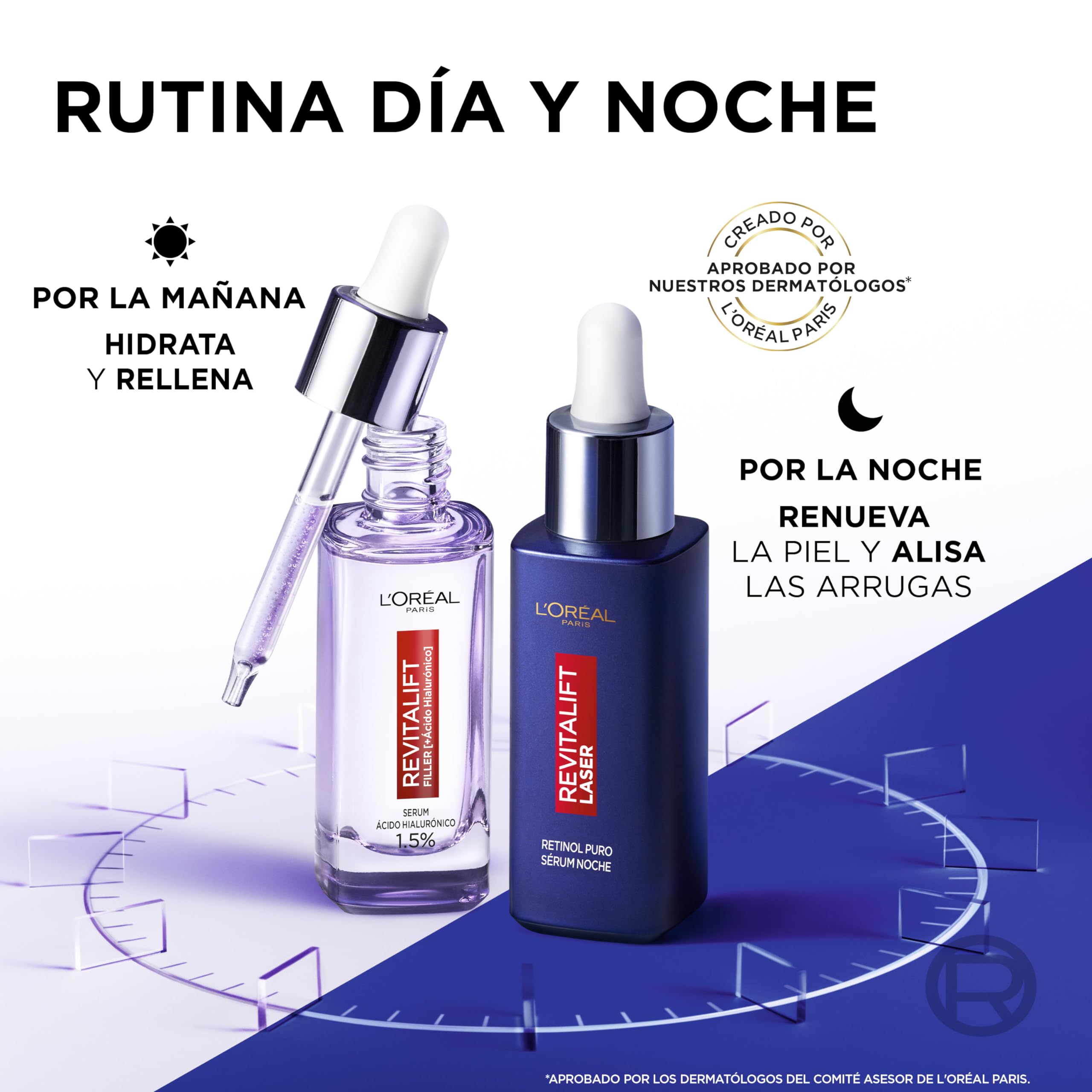 L'Oréal Paris Rutina Día y Noche Serum Filler Antiarrugas con Ácido Hialurónico, Péptidos. Hidrata, Ilumina, Rellena+Serum Laser con Retinol. Antiedad y Antiarrugas. Inspirado en cosmética coreana