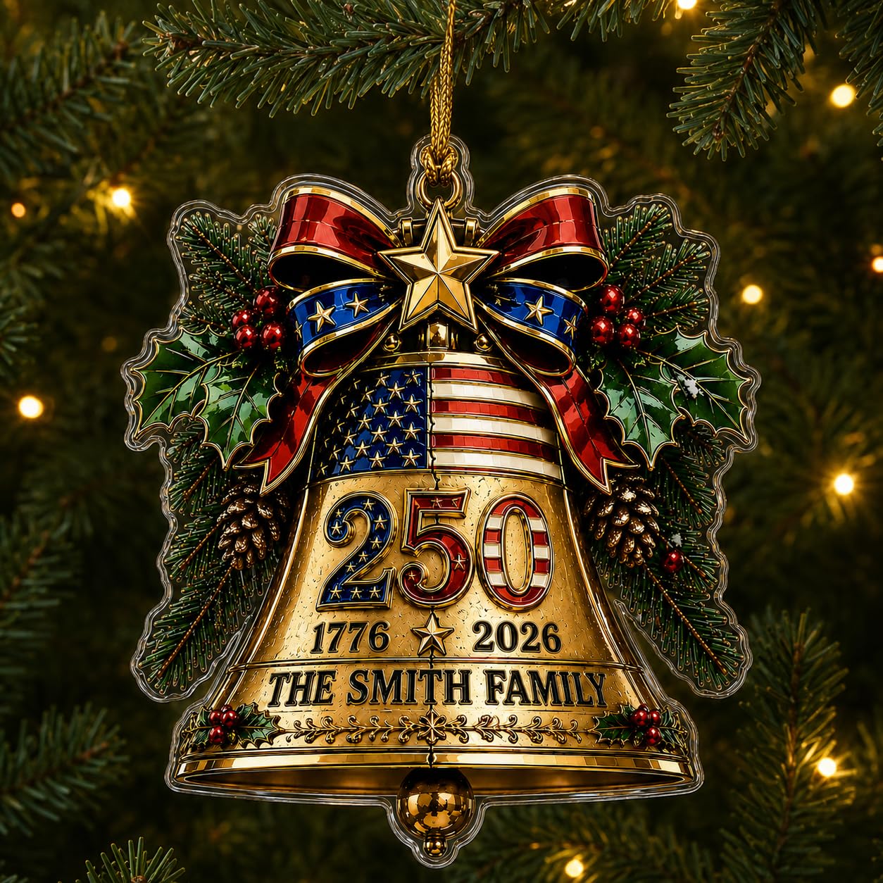 [Made in USA] Personalized 250th Anniversary USA Flat Acrylic Christmas Ornament, Custom Family Name Patriotic Liberty Bell Ornament, 1776-2026 250 Years of Freedom Holiday Keepsake Gift