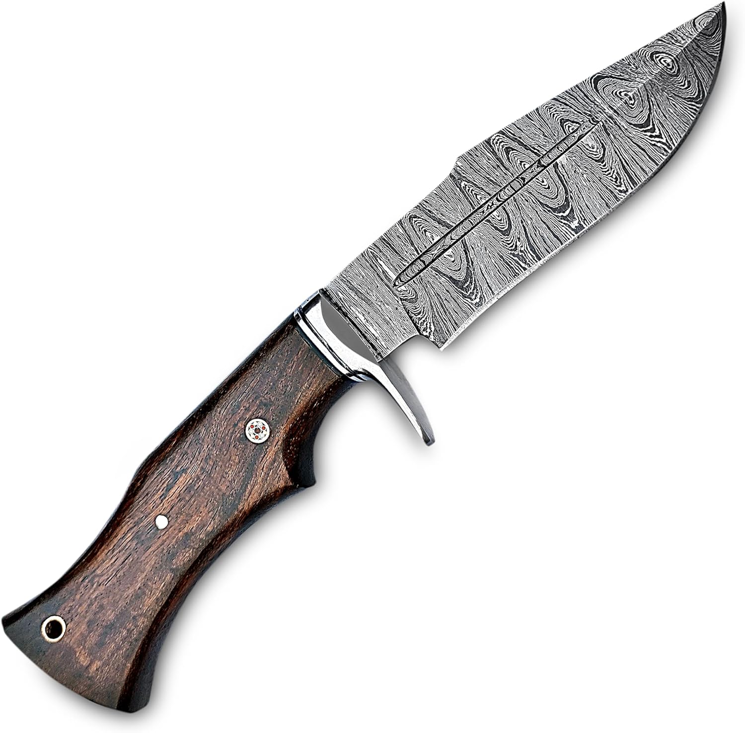 Handmade Damascus Hunting Knife with Leather Sheath – EDC Fixed Blade Bushcraft Tool with Wood Handle – 10” Skinning Blade for Hunting, Skinning, Camping, and Outdoor Use