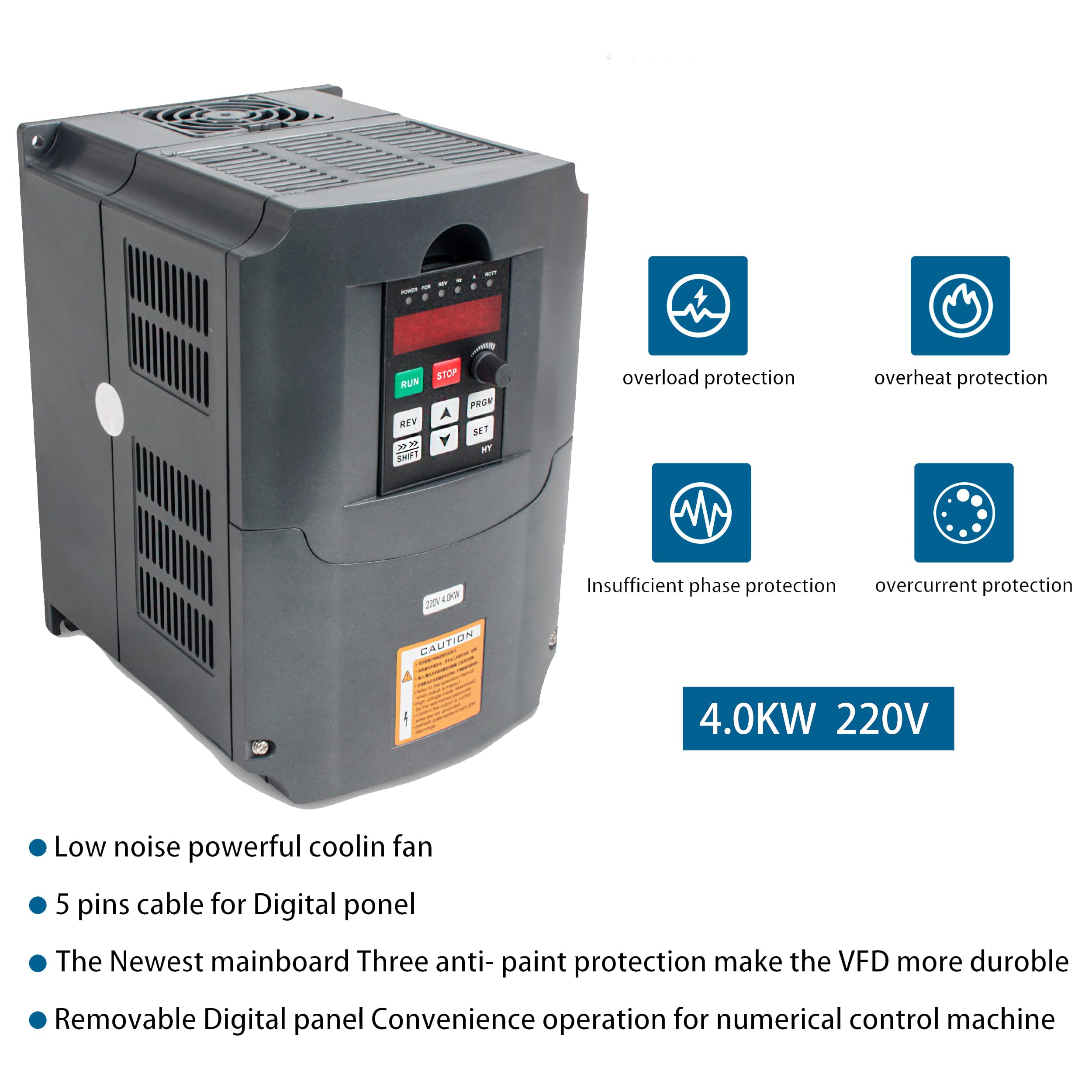 RATTMMOTOR Convertitore di frequenza da 4 kW, 220 V, inverter di automazione VFD, ingresso 1/3 fasi su uscita 3 fasi con cavo di prolunga da 2 m, per controllo della velocità del motore a mandrino