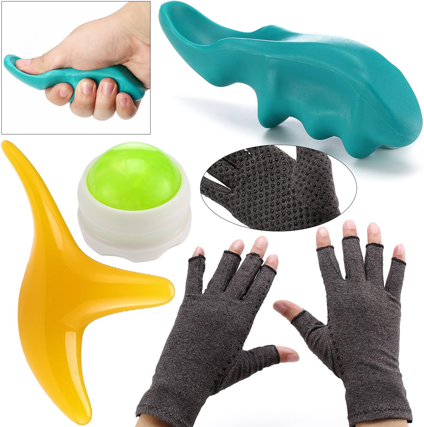 Massage & Arthritis [Pain Relief Set - Small] Compression Gloves (1 Set) for Joint Pain + Muscle Roller Ball (1) + Deep Tissue Thumb (1) + Deep Tissue Accupressure Tool (1)