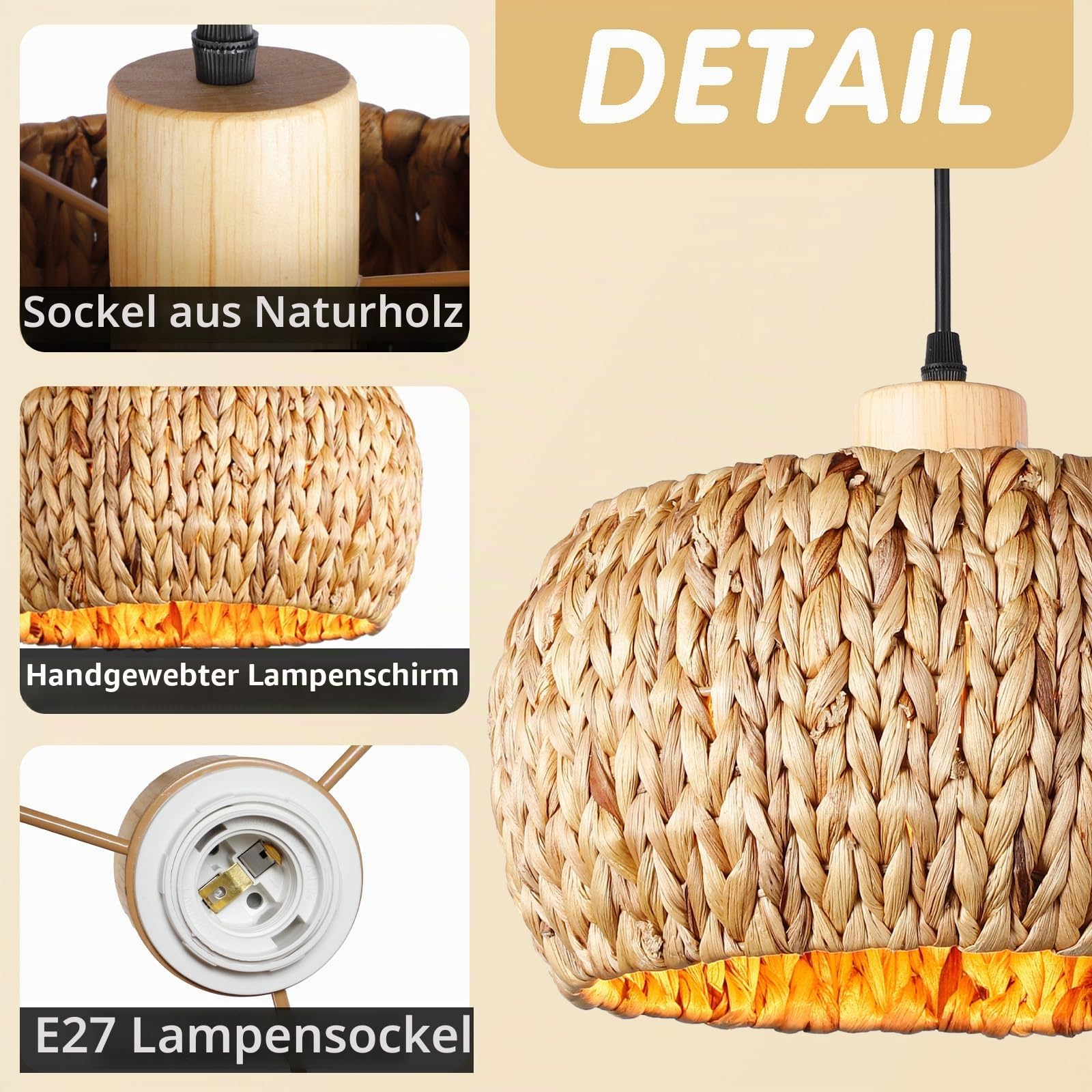KZT E27 Hängelampe mit Batterie Glühbirnen Vintage Boho Rattan Lampe RGB Pendelleuchte Dimmbar mit Fernbedienung Hängeleuchte Natürlich Bambus und Holz Retro Pendellampe für Schlafzimmer Esszimmer