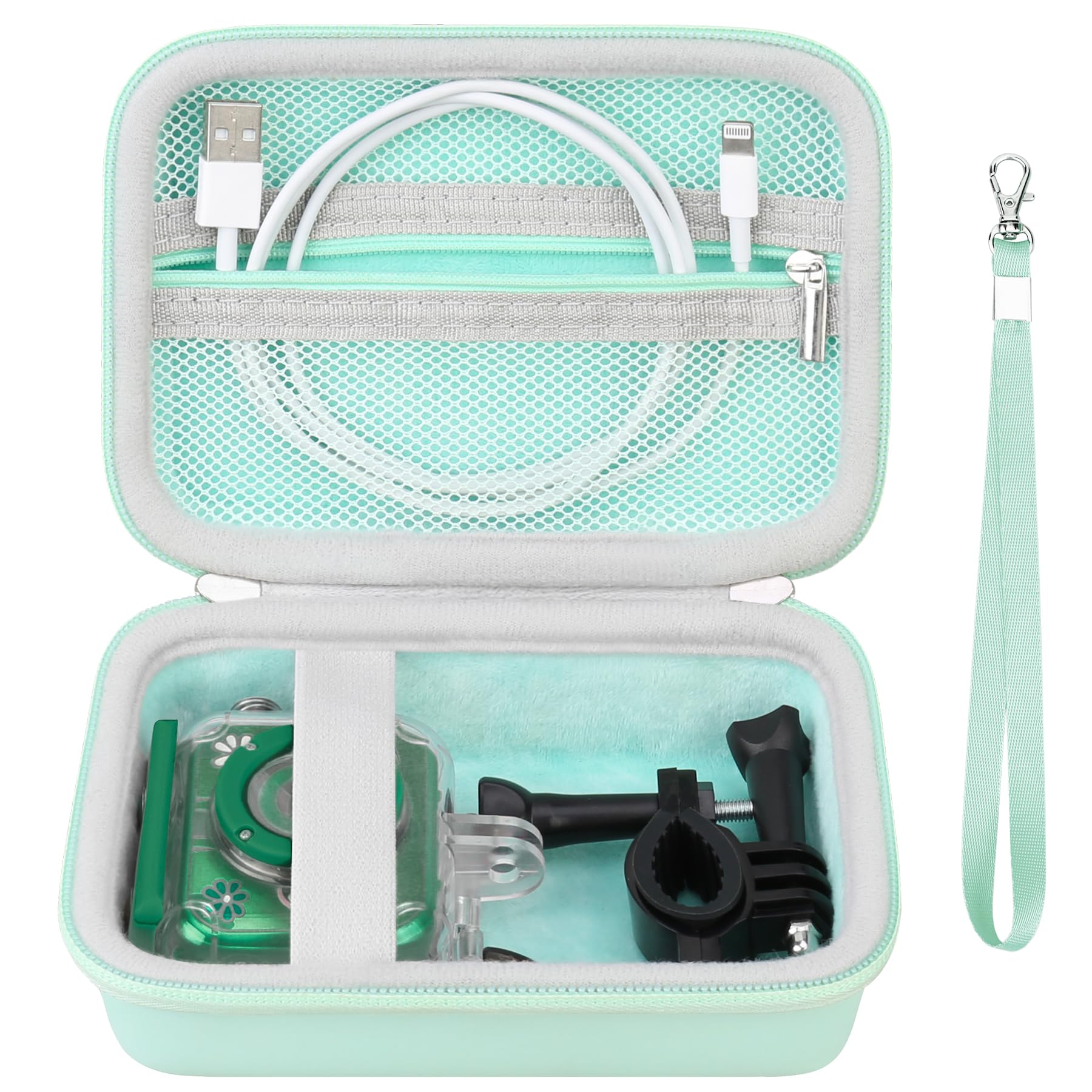 SupmayKids Camera Case for PROGRACE/Ourlife/Dragon Touch/Agoigo/BRYSETEN and More Kid Digital Camera Toys Gifts and Accessories, Zipper Mesh Pocket for SD Card, USB Cable, Green