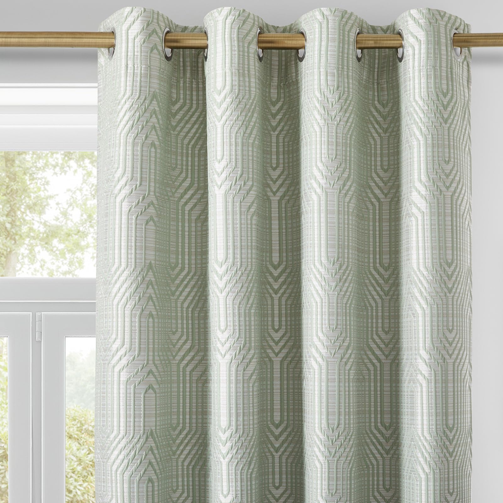 Mint Green and Silvery 100% Blackout Jacquard Geometric Pattern Curtains,52 Inch Wide 96 Inch Length 2 Panels, Thermal Insulated Noise Reducing Anti-Rust Grommet Drapes for Bedroom Living Room