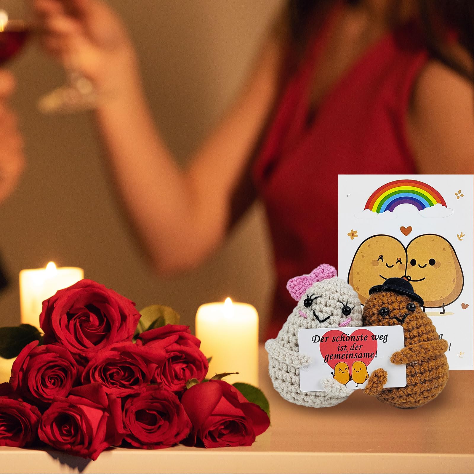 2 Pezzi Positive Potato Pupazzi di Peluche, Realizzati in Lana, Pupazzi Creativi, con Biglietto e Portachiavi, Ideali per Matrimoni, Fidanzamenti e San Valentino
