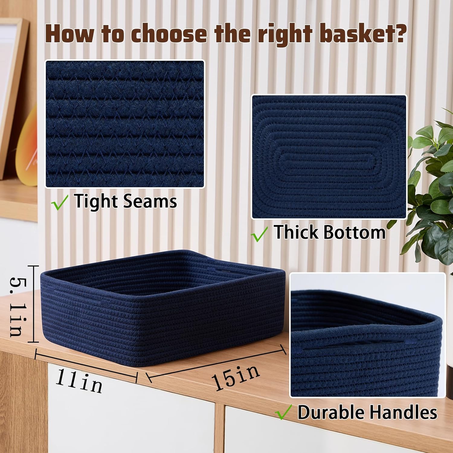 Large Shallow Organizing Baskets 15x11x5.1 Inches - Rope Woven Storage Bins for Bathroom, Shelves, Cube Closet, Navy Blue 2 Packs - Image 2