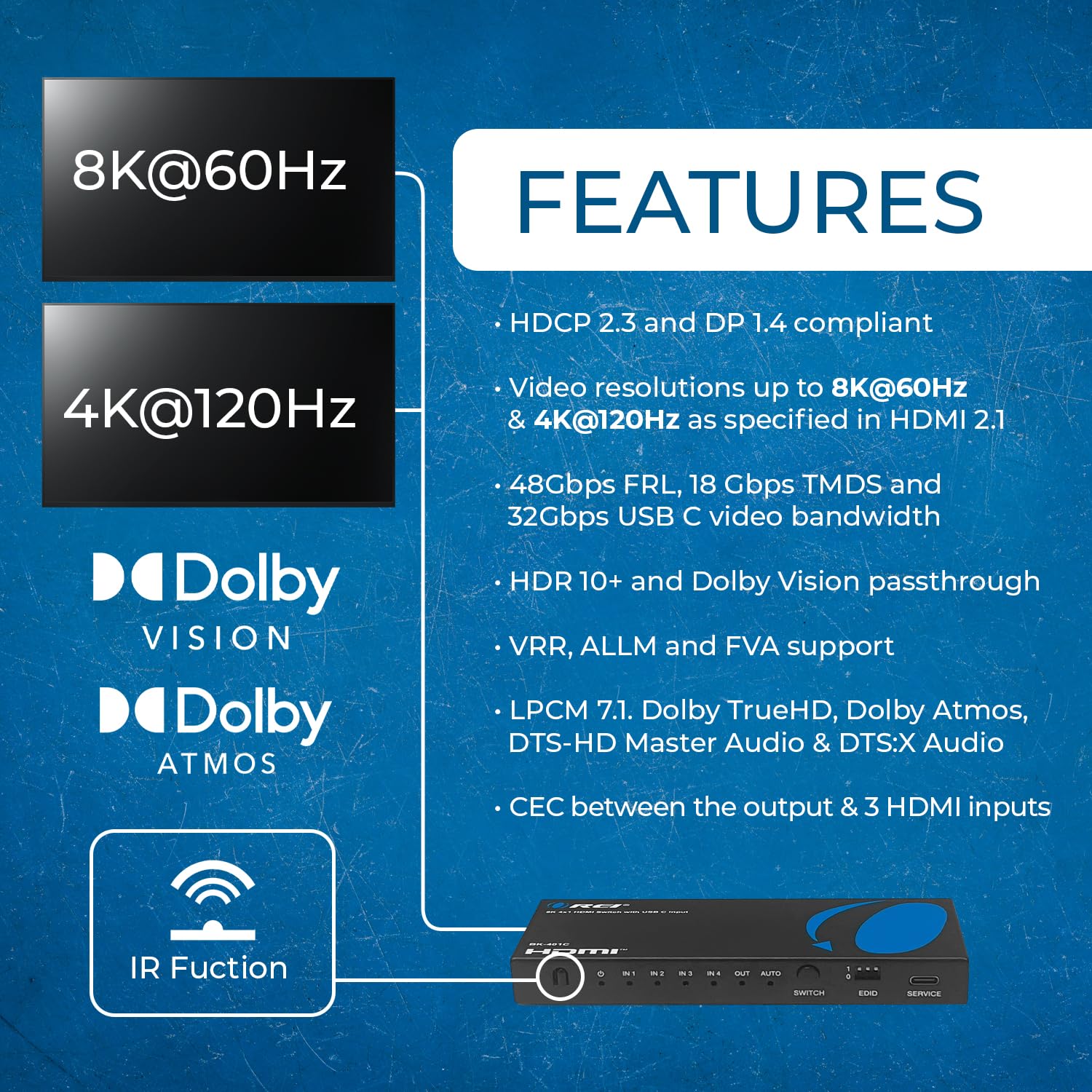 OREI 8K 4x1 USB-C/HDMI 2.1 Switch 4K @ 120hz Switcher 4 in 1 Out, supporto HDR, HDR10, Dolby Vision, HLG 48Gbps per Xbox Series X PS5 Roku Fire TV Monitor proiettore Dolby