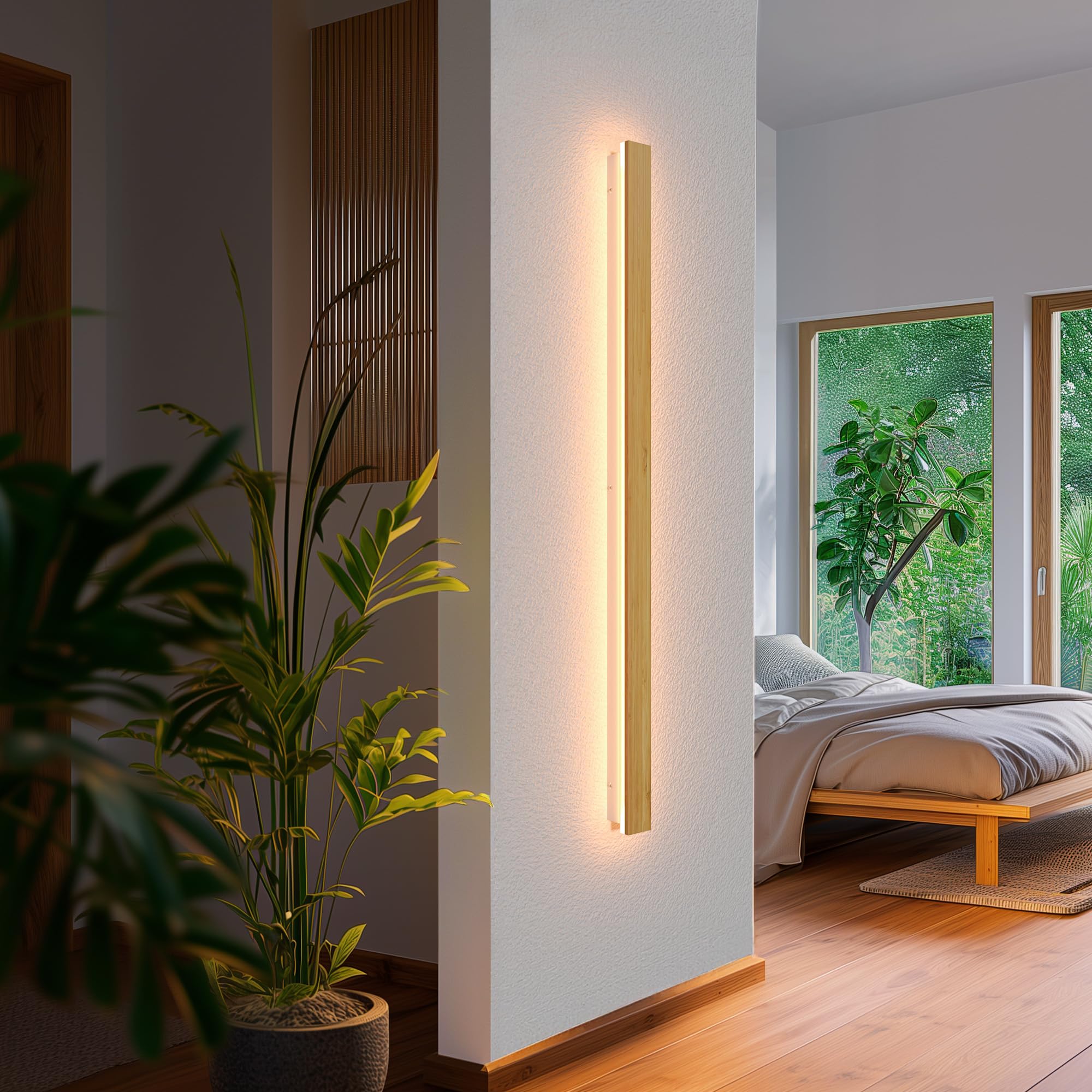 AOEH Lampada Da Parete In Legno Illuminazione Da Parete Lunga Led Appliques Per Interni Lampada A Muro Moderna Dimmerabile Con Telecomando 29w Applique Per Camera Da Letto Soggiorno Corridoio, 80cm