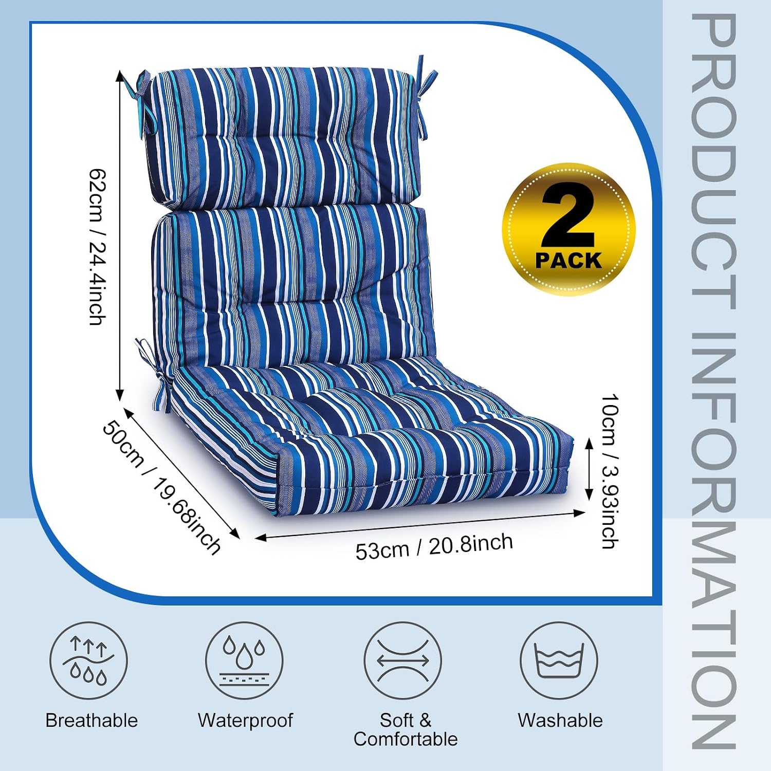 Geelin High Back Patio Chair Cushion Indoor Outdoor Seat Chair Cushions Back Tufted Patio Rocking Pads Weather Replacement for Furniture(Blue White,2 Pcs)