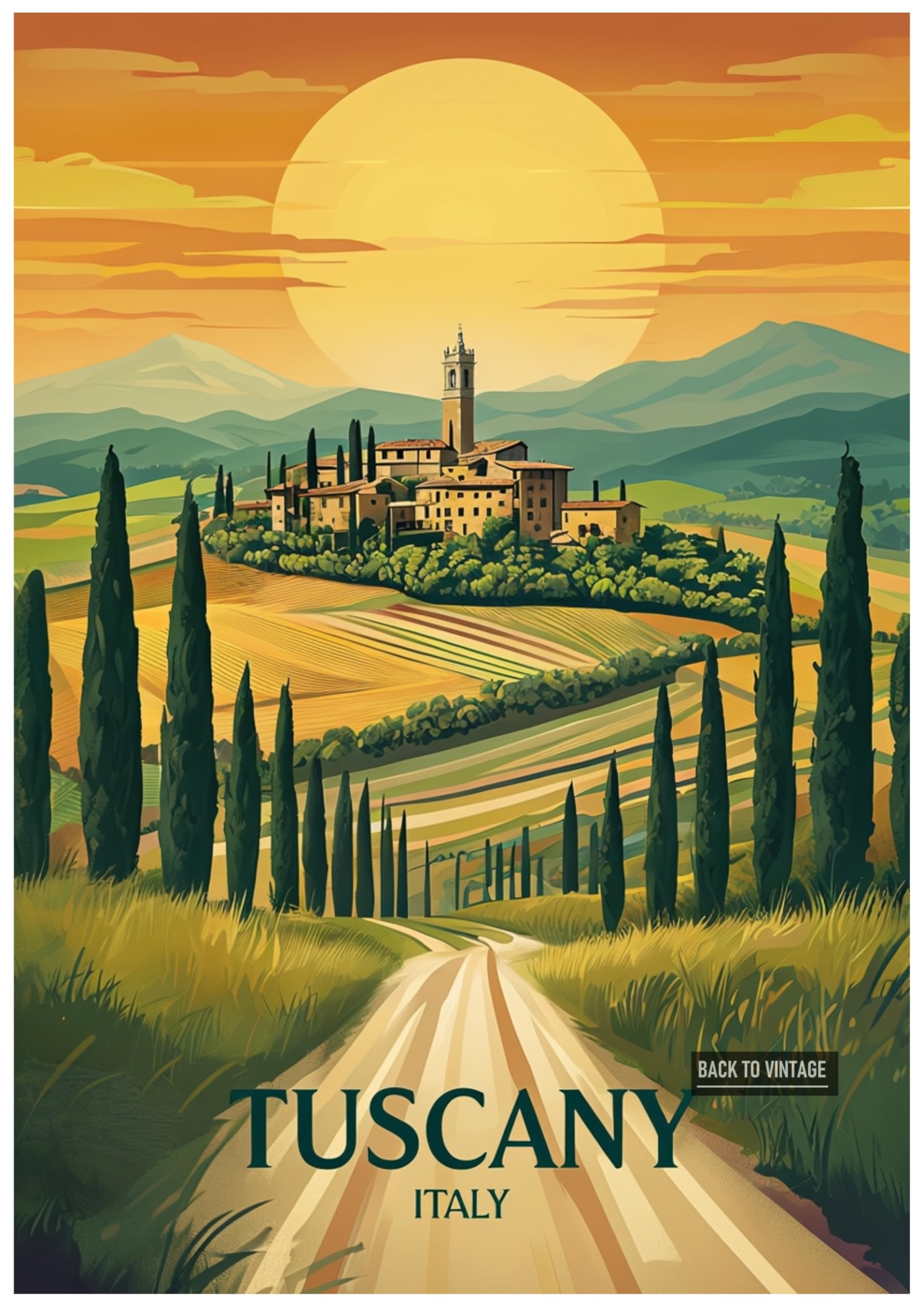Back To Vintage Multicoloured Vintage Travel Poster Illustration Of Tuscany's Serene Landscape - Retro Europe Travel Poster A4 Size Vintage Wall Art Print Of Famous European Destinations Ideal For Home Or Office Decor