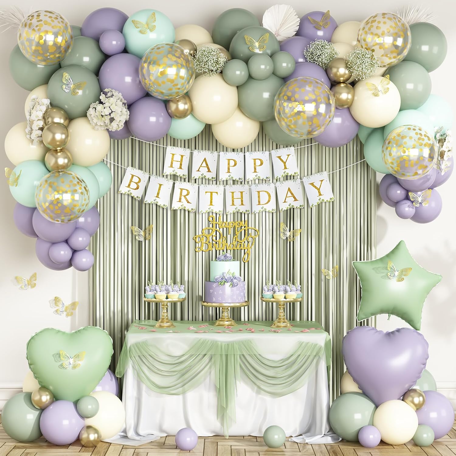 Dusty Green Purple White Balloon Arch Garland Kit for Birthday Baby Shower Party Decorations, with Happy Birthday Banner, Foil Balloons, Sash, Fringe Curtain, Cake Topper, Butterfly