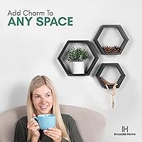 Vista 7 de Estantes flotantes hexagonales para dormitorio, baño, cocina y sala de estar, decoración de pared y almacenamiento, juego de 3, estantes de panal