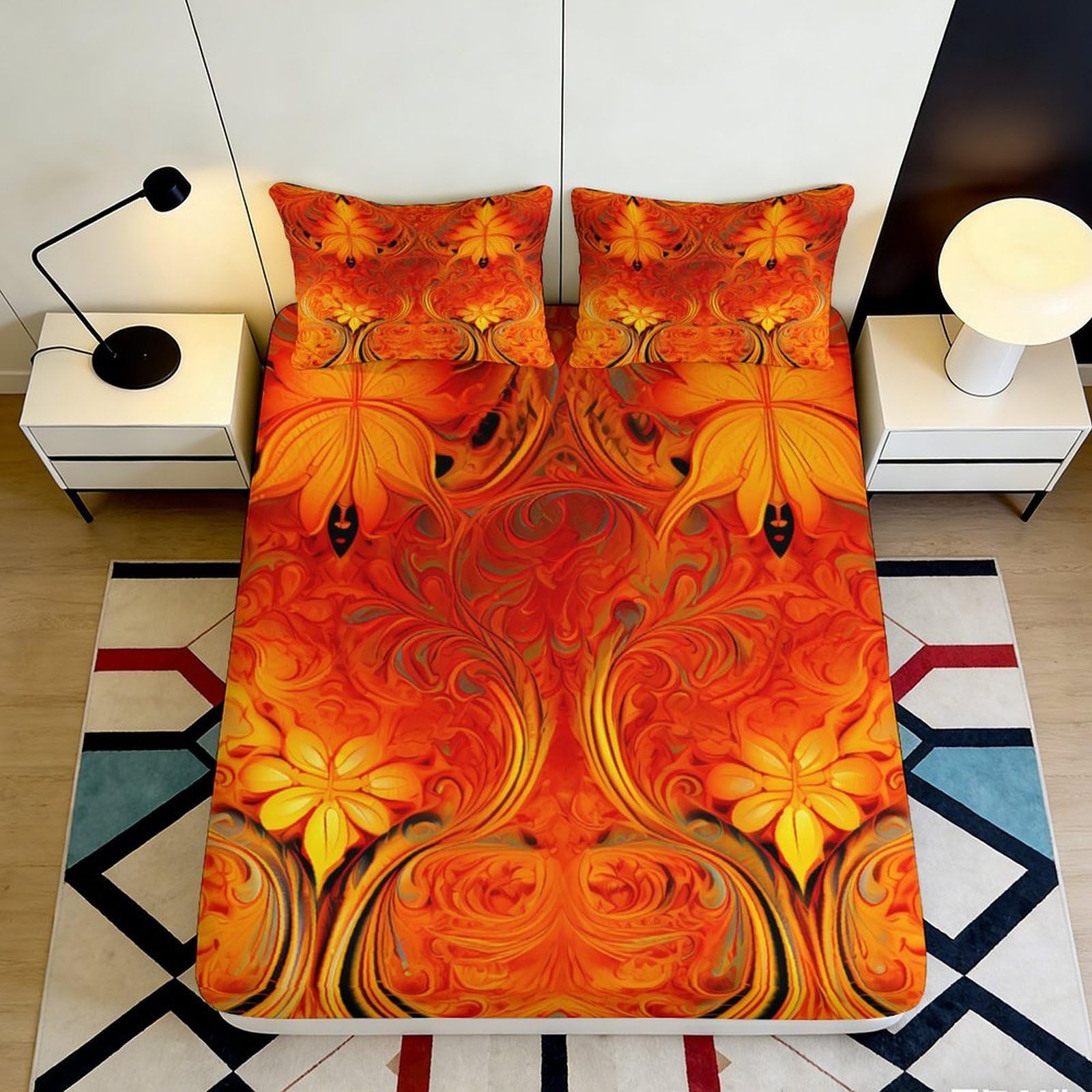 3D Printed Fiery Floral Fitted Sheet Microfiber Orange Artistic Mattress Cover for Bedroom Guest Decor 90x200x25cm
