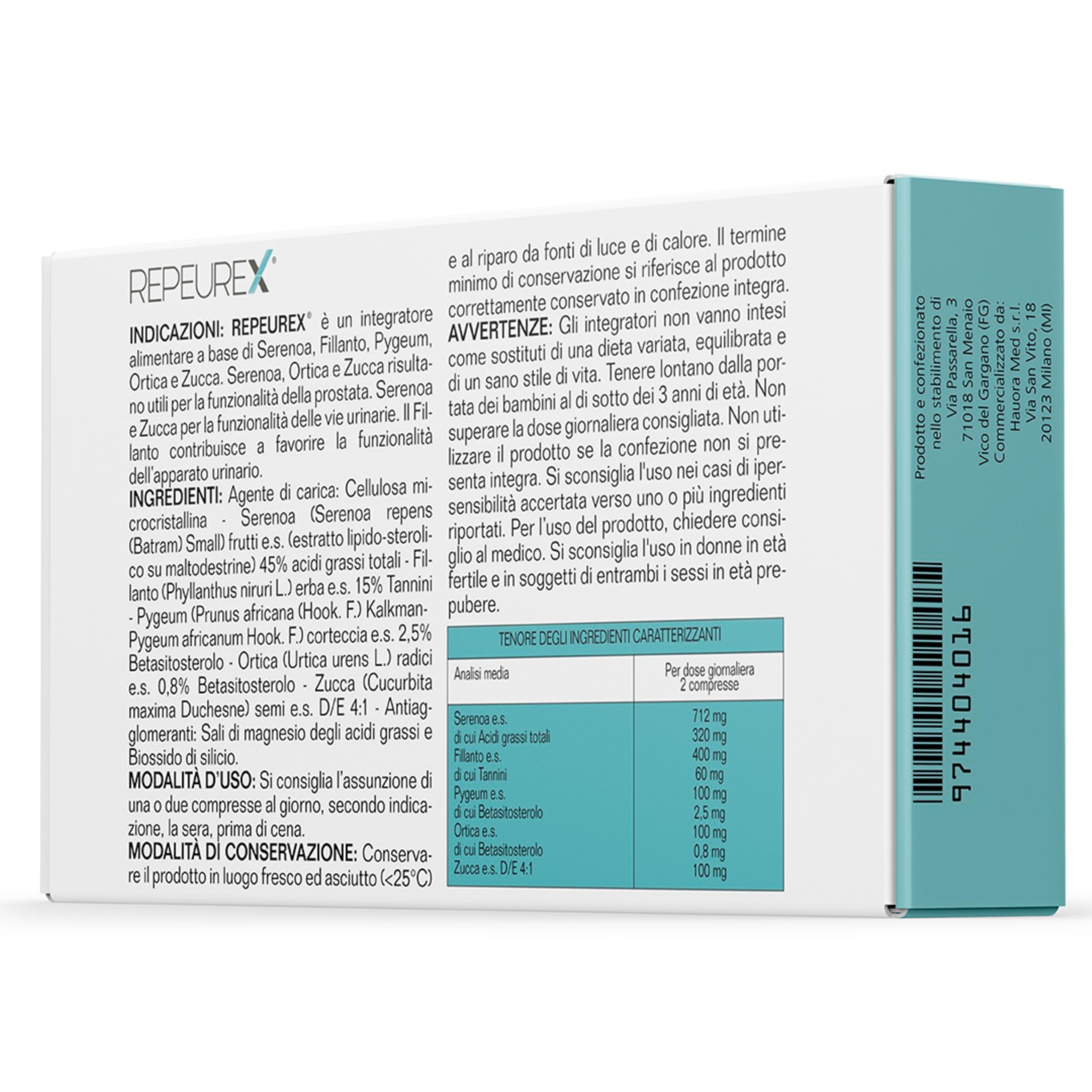HauoraMed Repeurex Serenoa Repens Prostata Integratore e Vie Urinarie, 30 Compresse da 1,1g, con Saw Palmetto, Fillanto, Pygeum, Ortica e Zucca