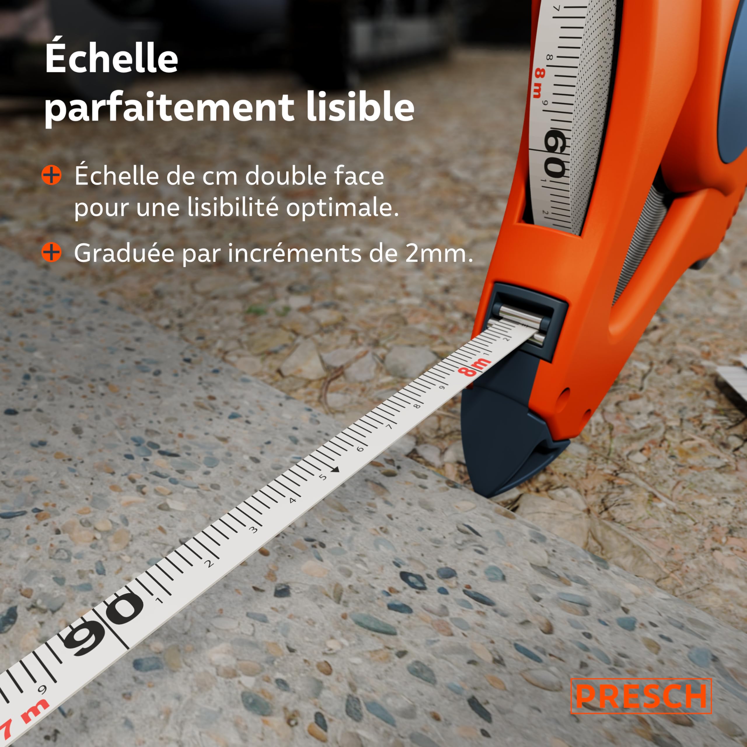 Presch Mètre Ruban 50m – Décamètre en Fibre de Verre résistant – Retour Rapide 3:1 – Verrouillage par Manivelle – Maintien sûr avec crochet multifonctions - Mètre enrouleur, Ruban d'Arpenteur