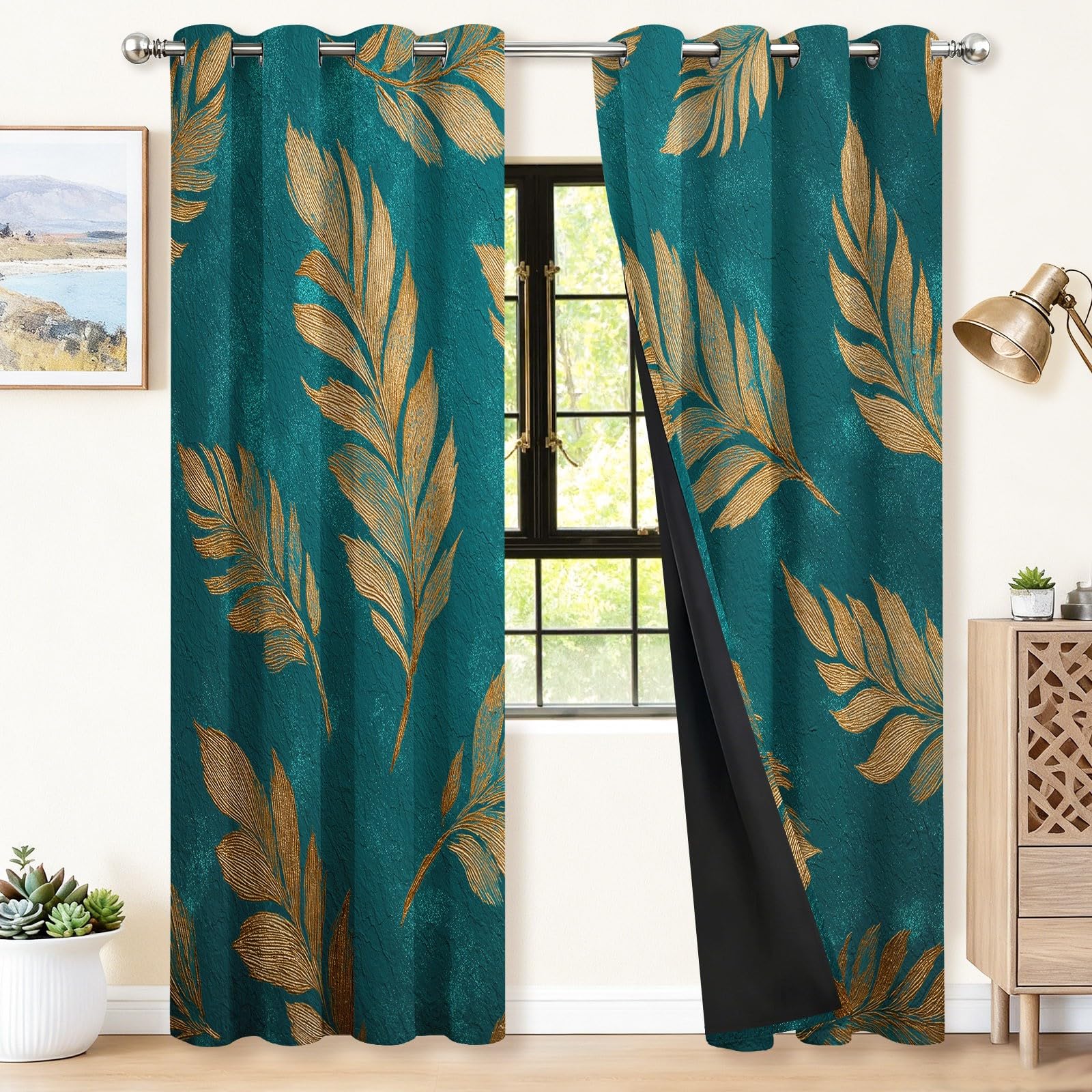 Rideaux Occultant 140L X 260H cm Lot de 2 avec Oeillets, Bleu-Vert Rideau Salon Chambre Cuisine Moderne Luxueux Décoratif Plume Rideau Thermique Isolant Anti Froid et Chaleur pour Garçon et Fille