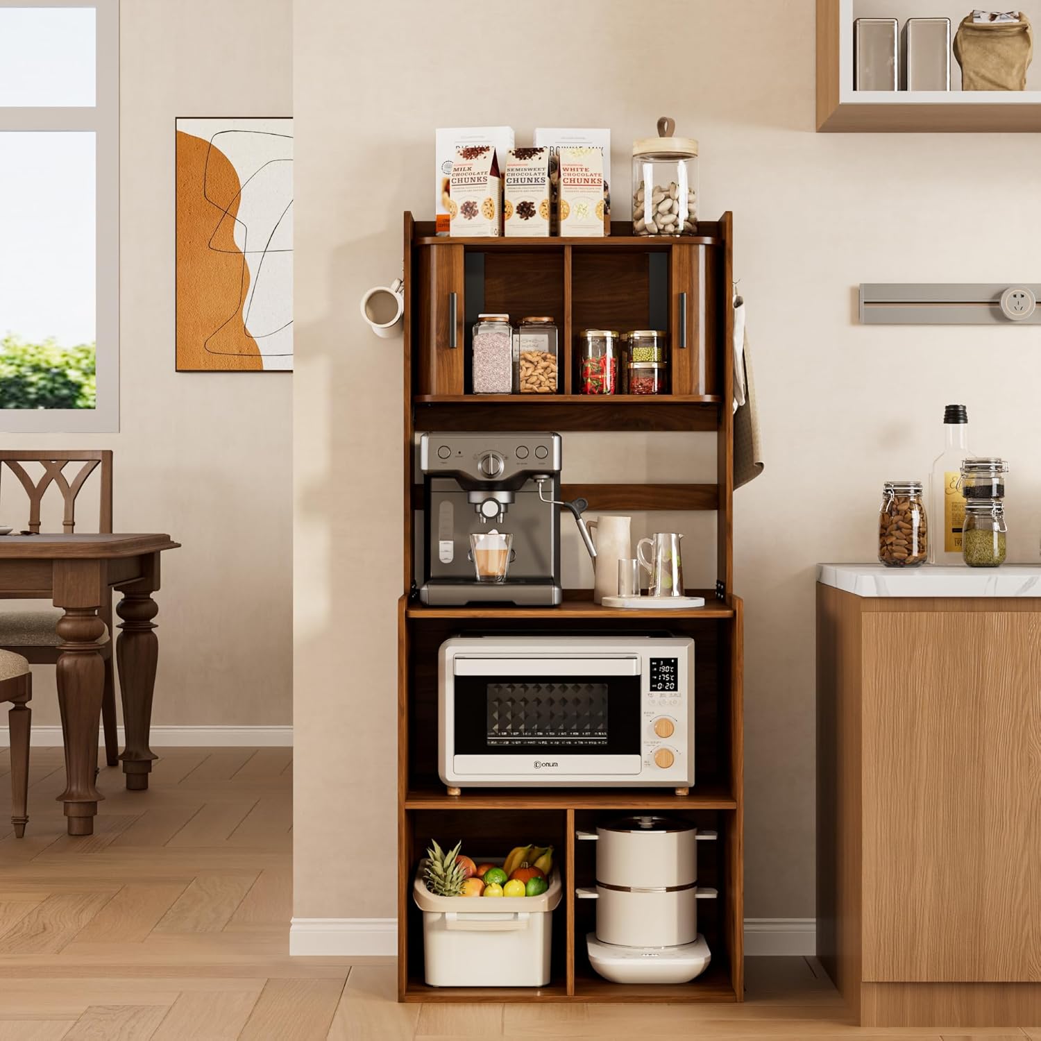Kitchen Bakers Rack,Coffee Bar with Fluted Sliding Door,5-Tier Free Standing Kitchen Shelves Rack with 6 Hooks and Cable Holes,Microwave Stand for Small Spaces,Kitchen,Entryway,Living Room
