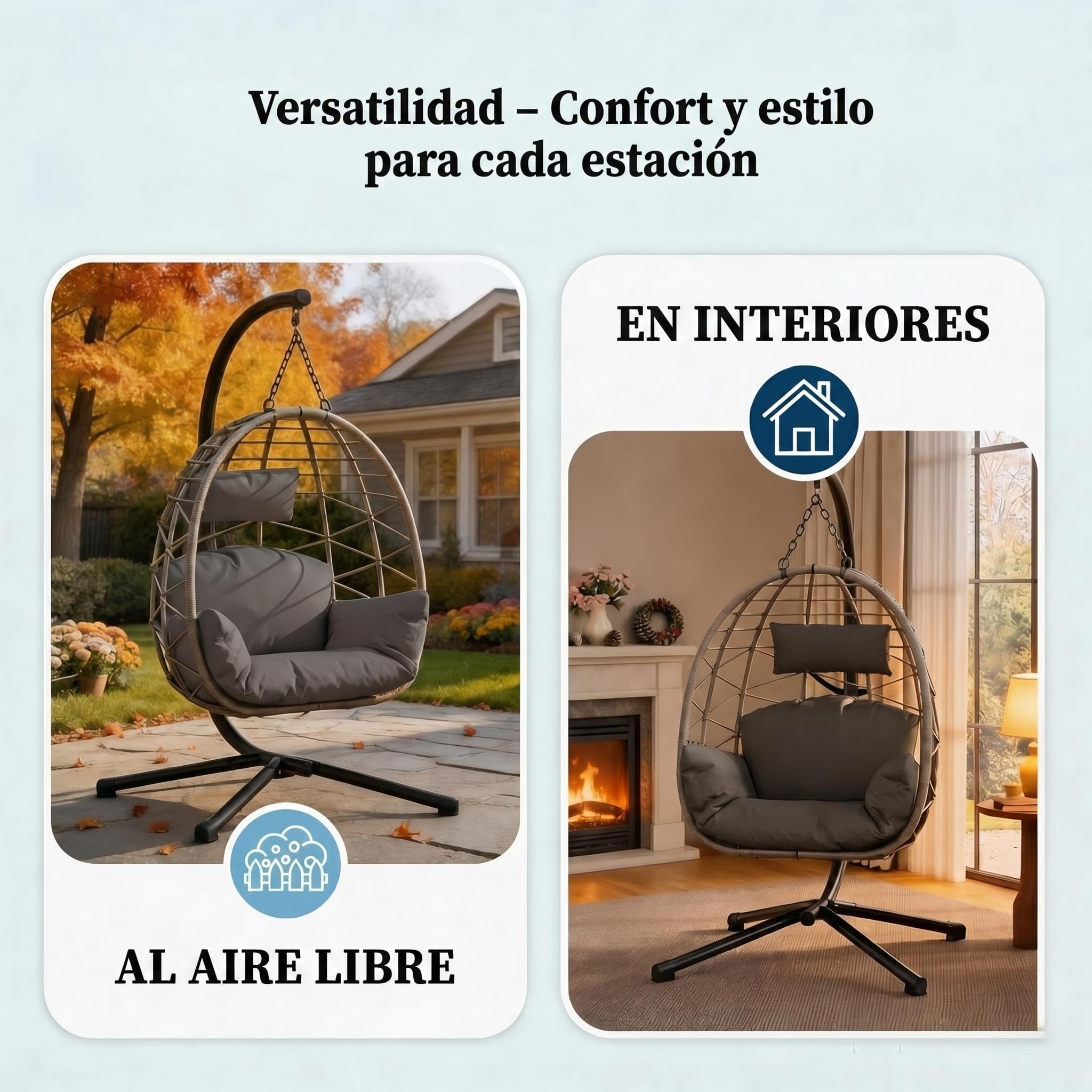 Litake Silla Colgante para Exterior y Jardín - Estructura Completamente Metálica - Silla Huevo con Soporte, Soporta hasta 150 kg - con Cojines Cómodos, Ideal para Jardín, Balcón y Patio, Gris
